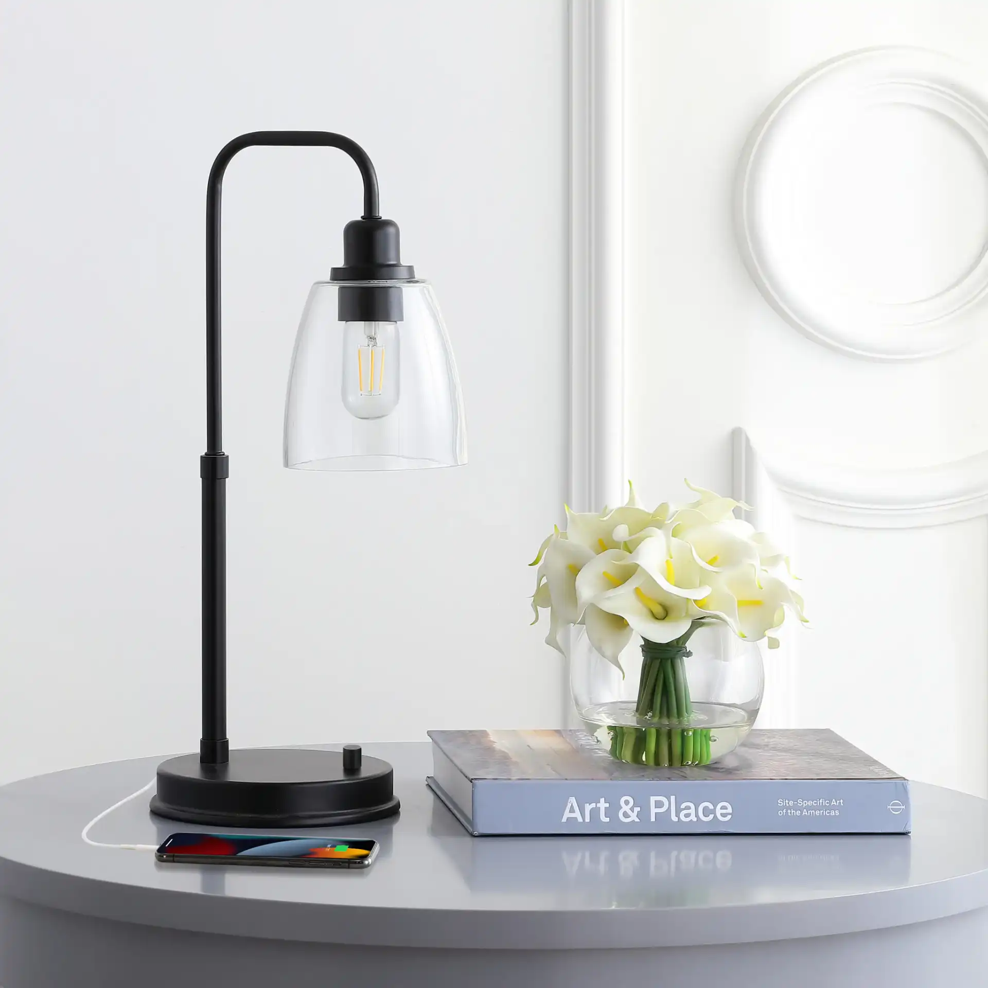 Kashton Task Table Lamp in Black in a styled room