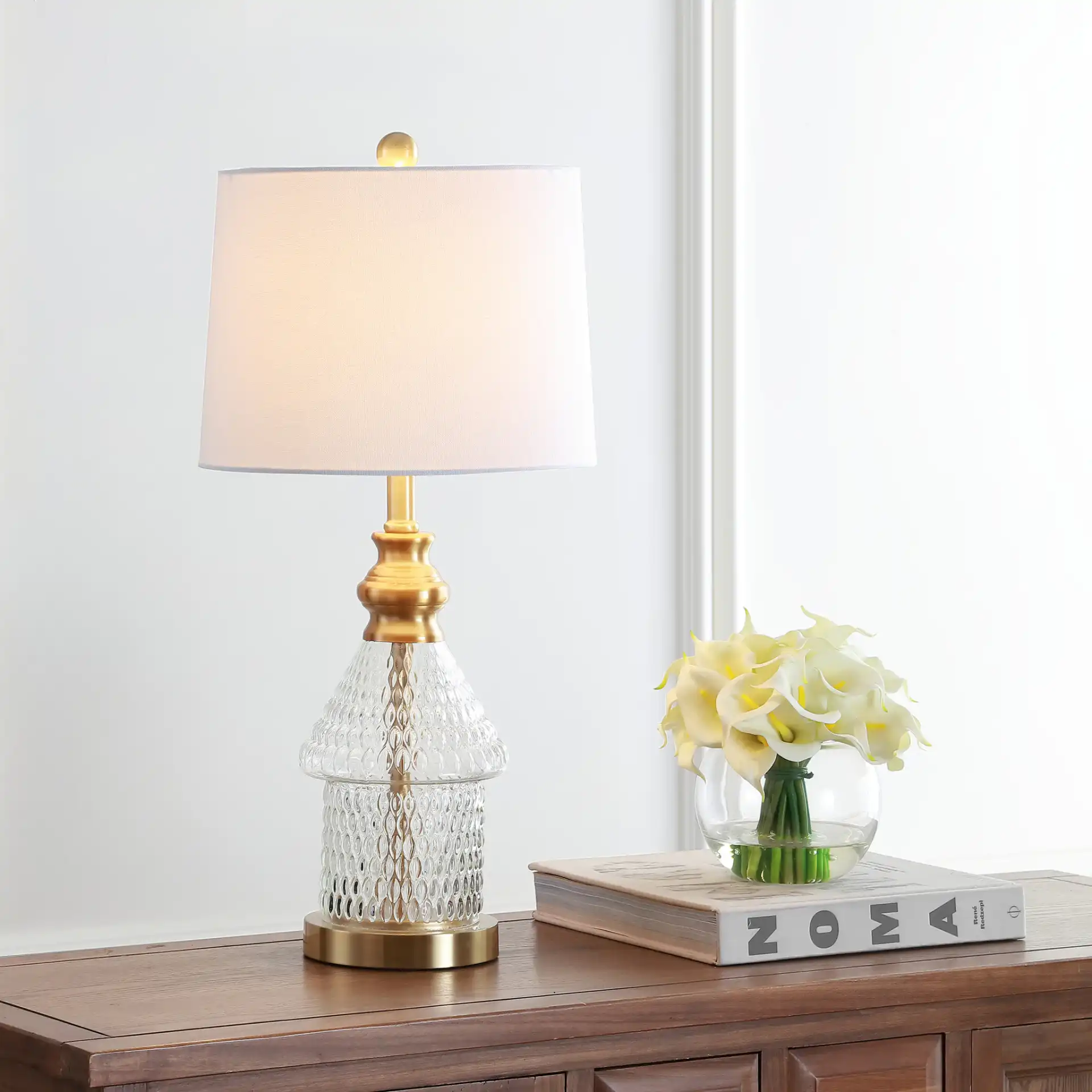 Camden Table Lamp in Brass / Clear in a styled room