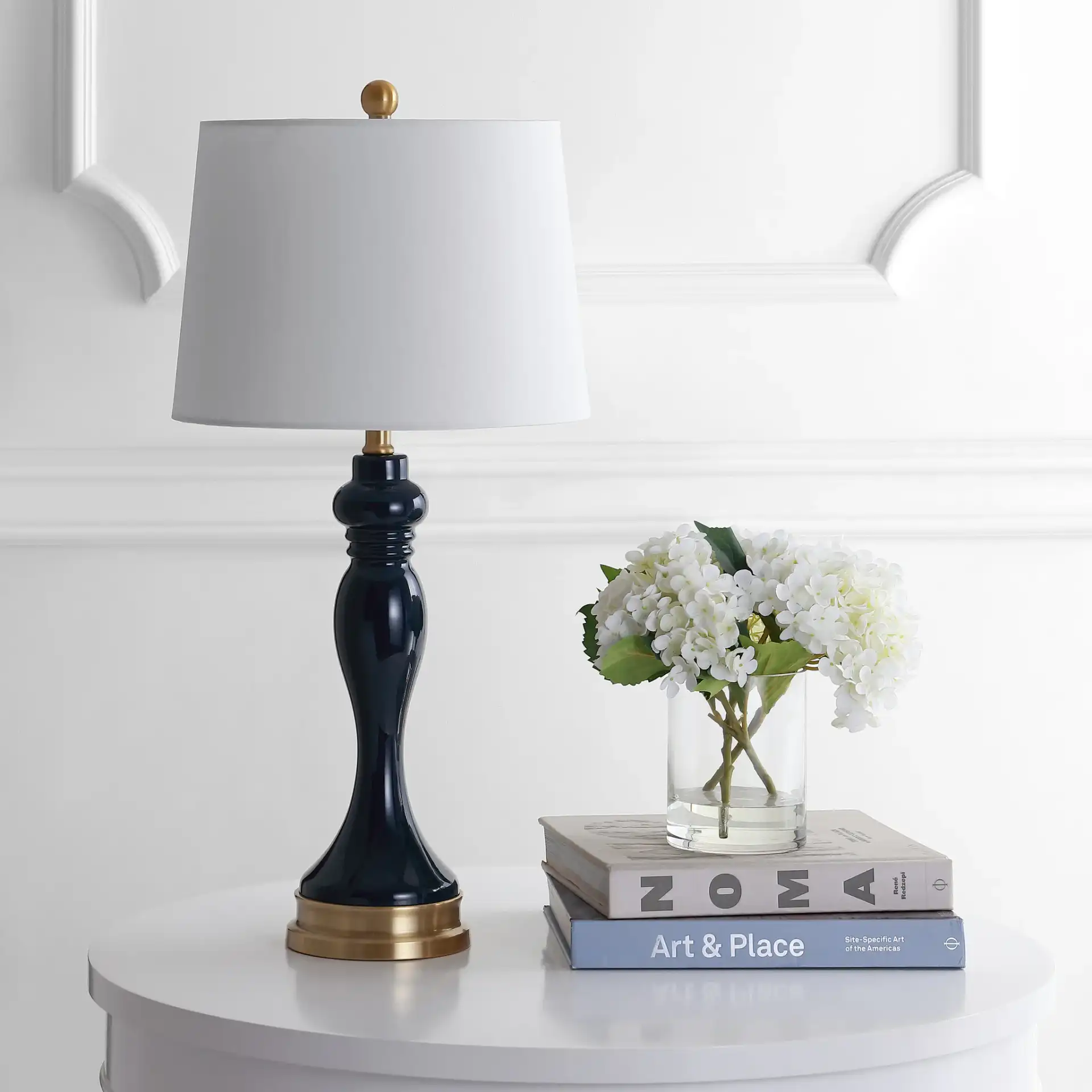 Cayson Table Lamp in Navy Blue in a styled room
