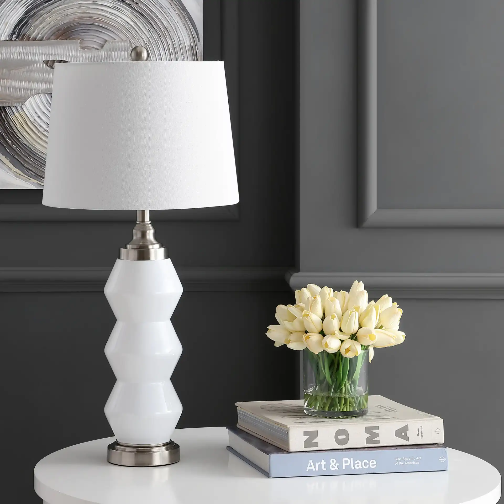 Jayce Table Lamp in White / Silver in a styled room