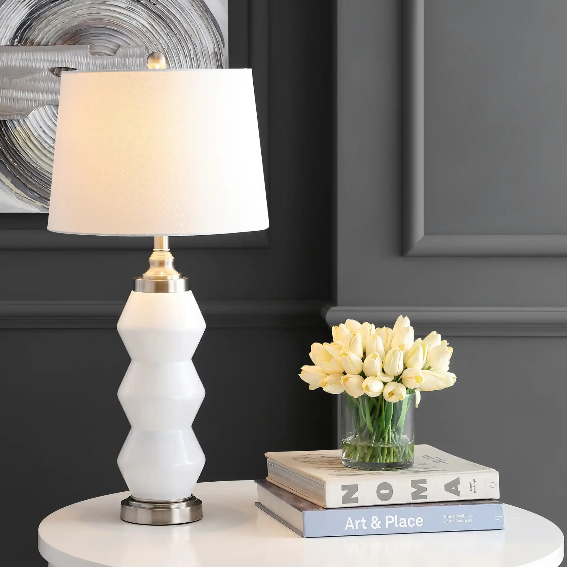 Jayce Table Lamp in White / Silver in a styled room