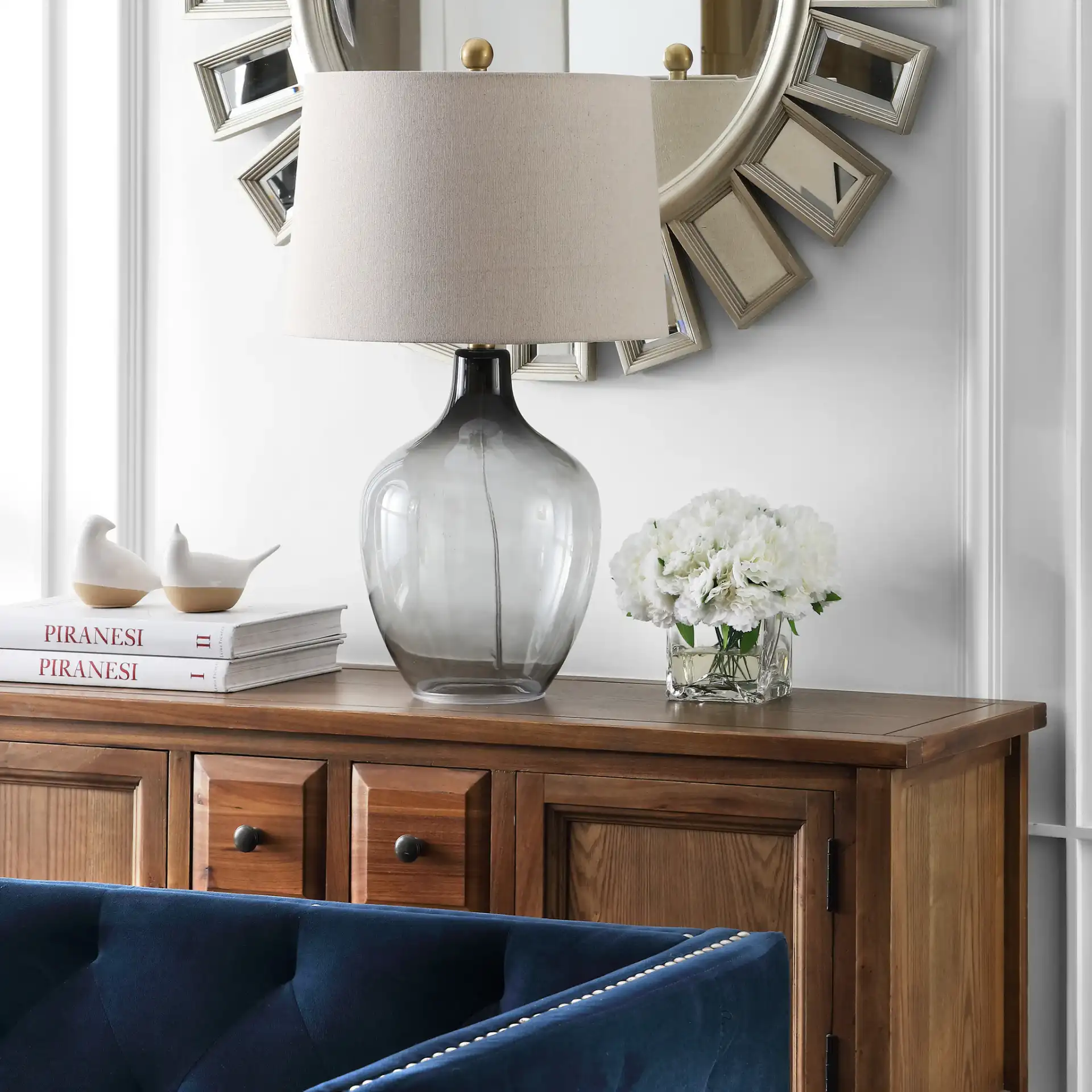 Larzen Table Lamp in Ombre Gray in a styled room