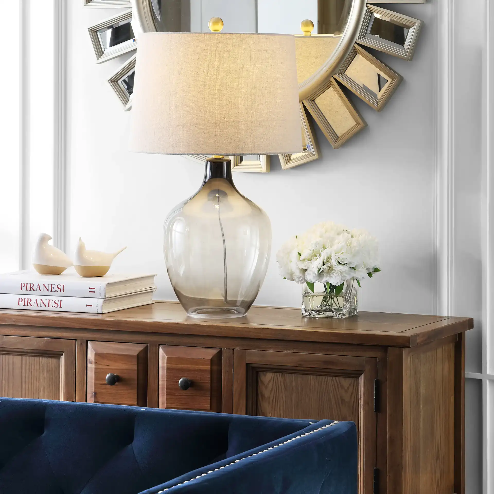 Larzen Table Lamp in Ombre Gray in a styled room