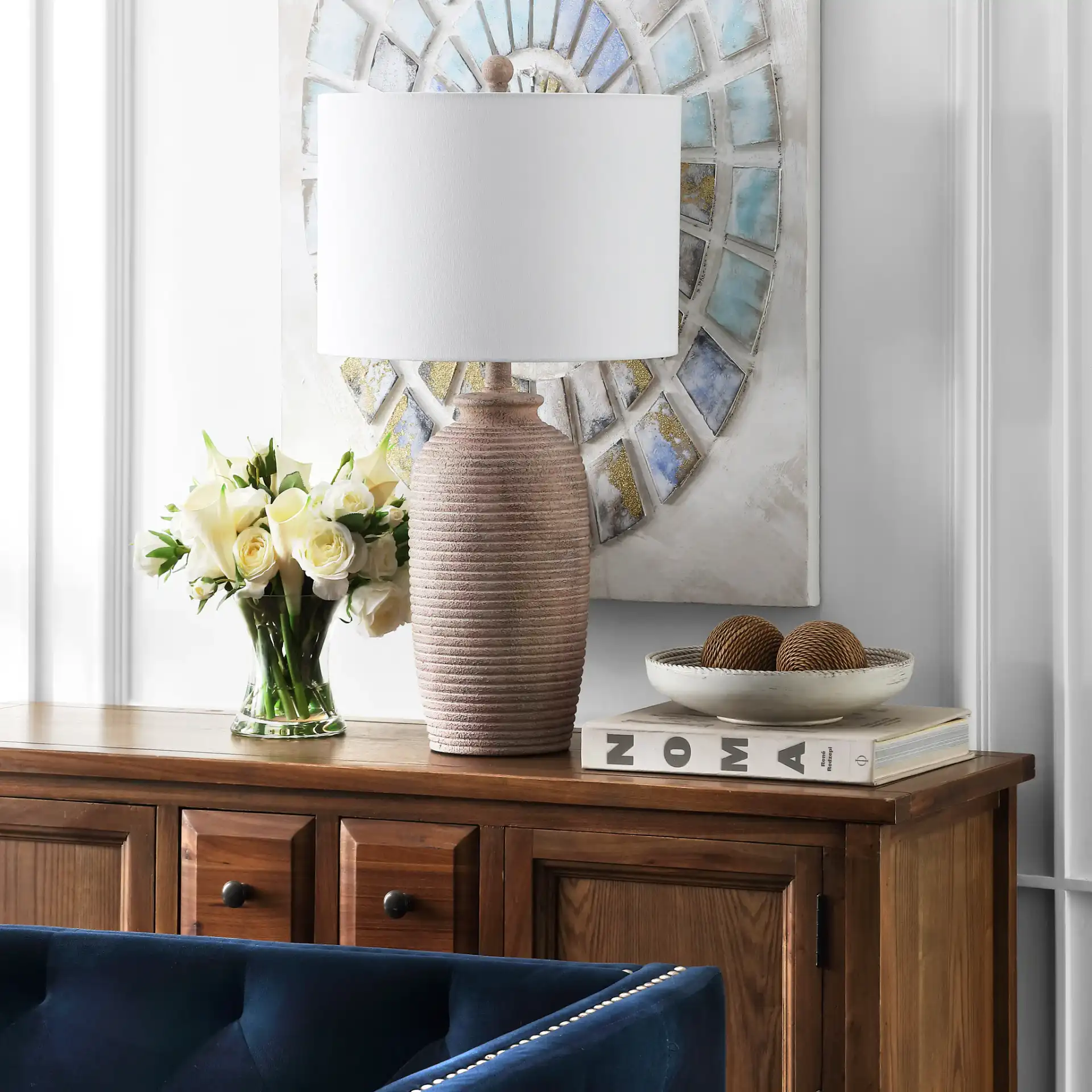 Kensen Table Lamp in Pearl in a styled room