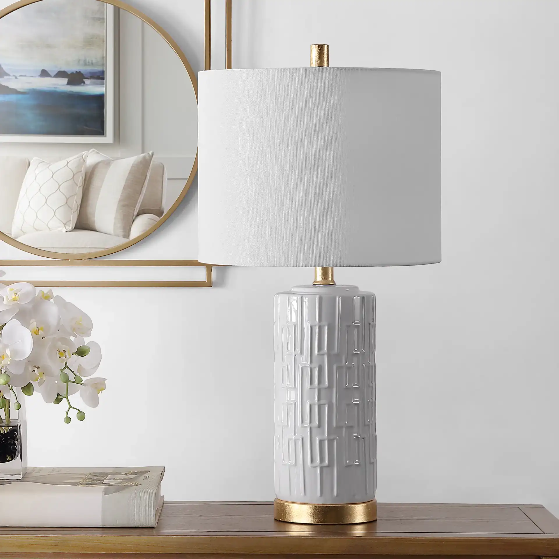 Pehonix Table Lamp in White in a styled room