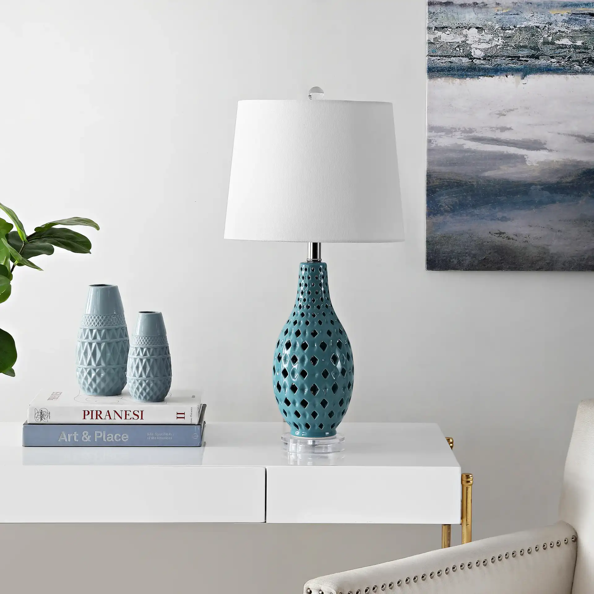 Harlem Table Lamp in Navy Blue in a styled room