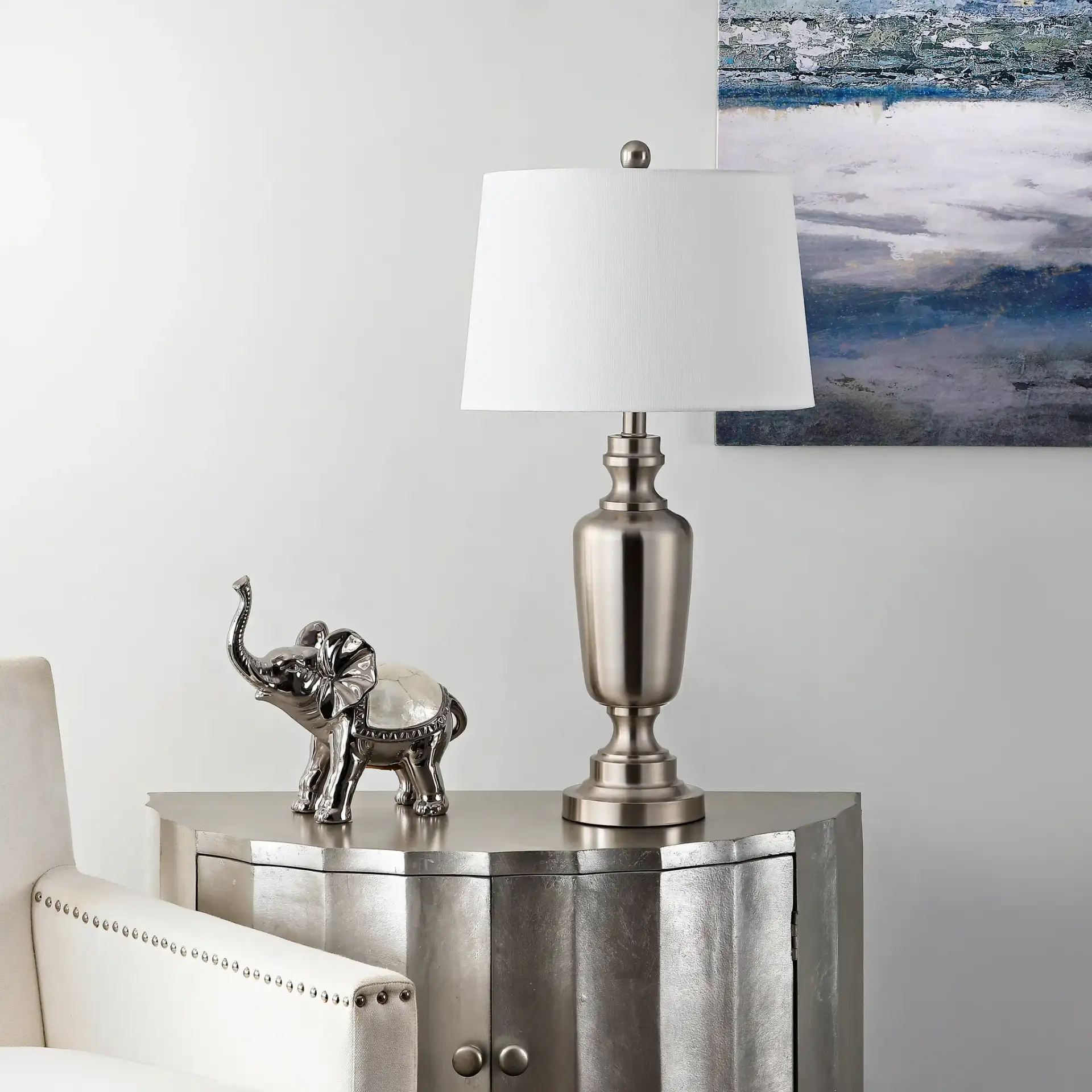 Ezra Table Lamp in Nickel in a styled room