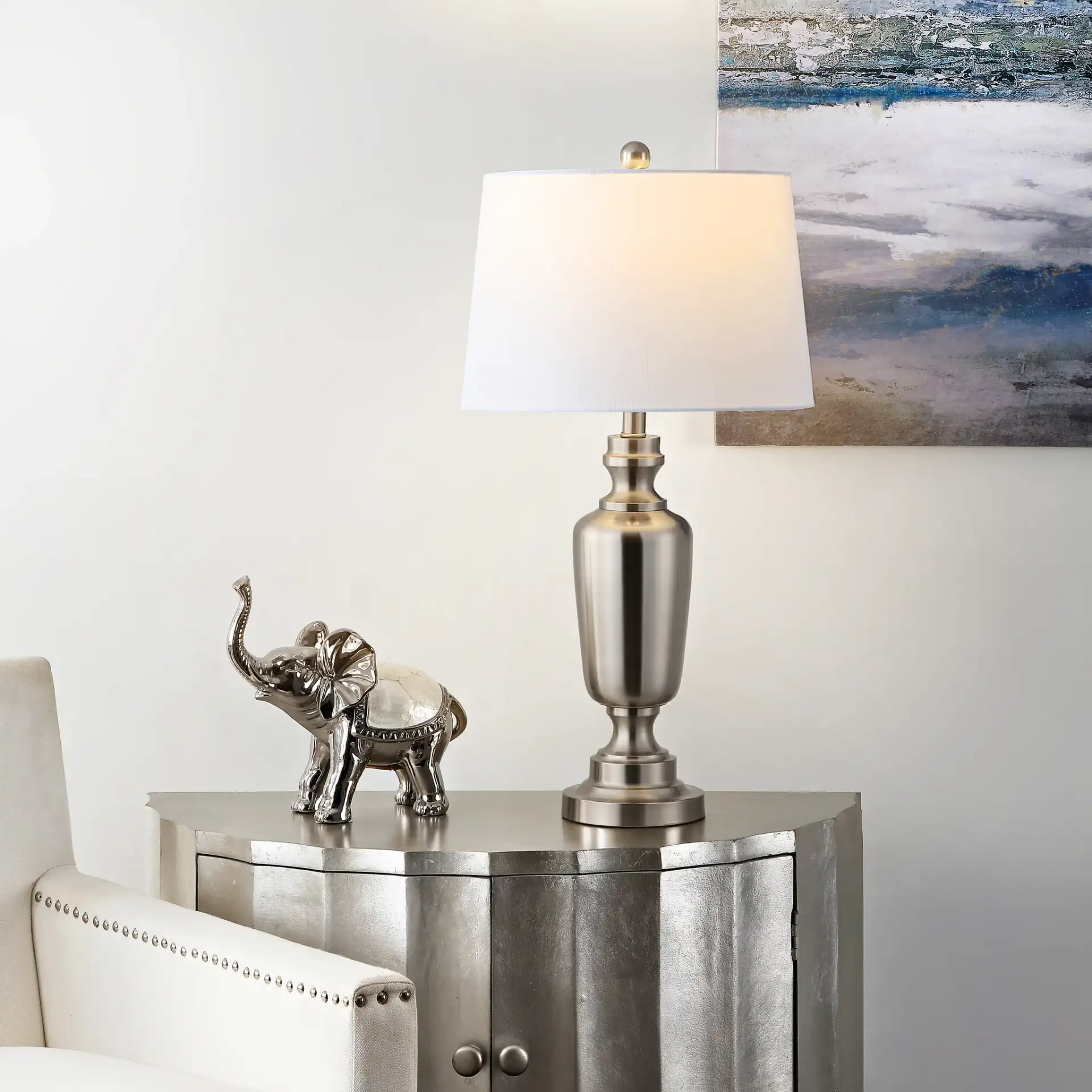 Ezra Table Lamp in Nickel in a styled room