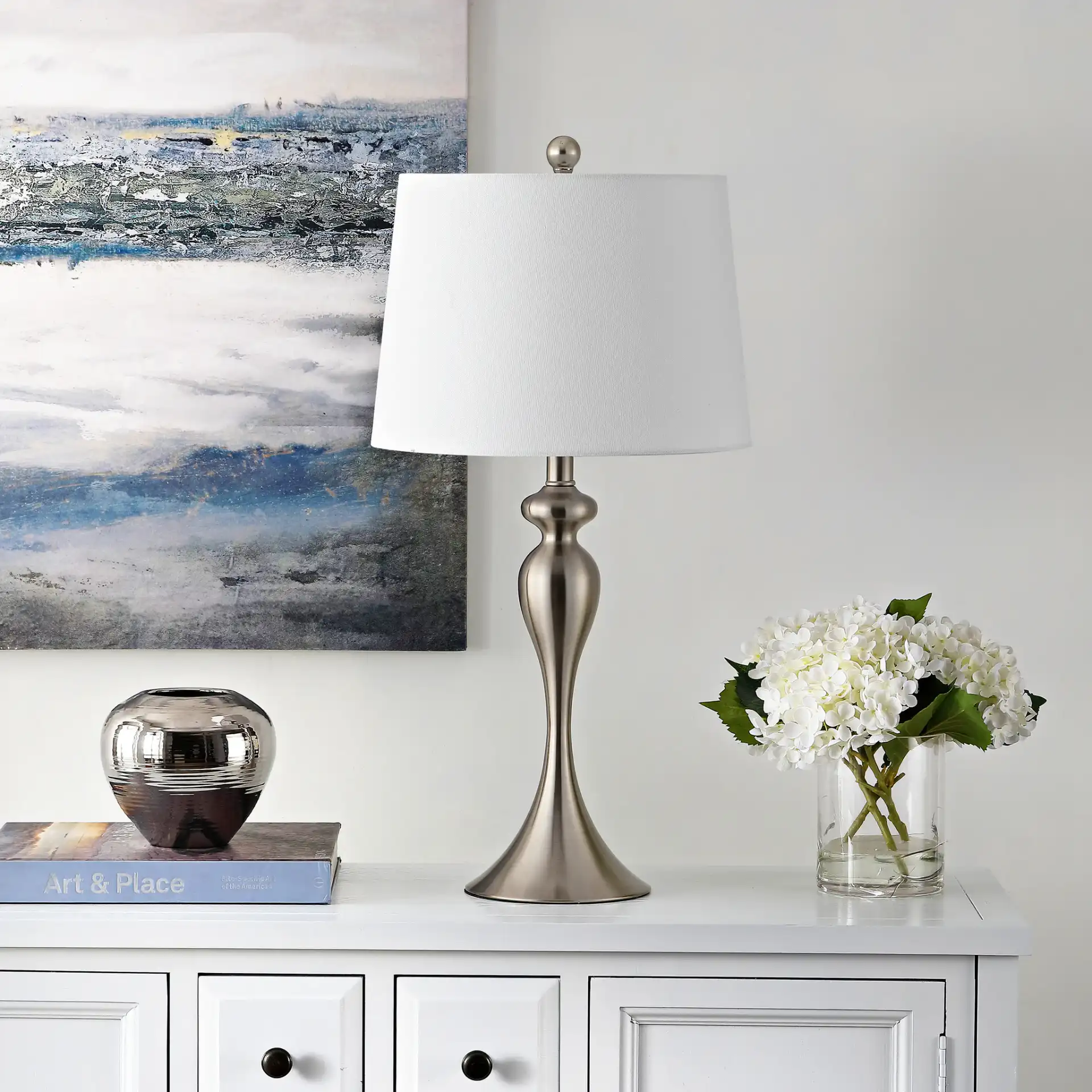 Bayan Table Lamp in Nickel in a styled room