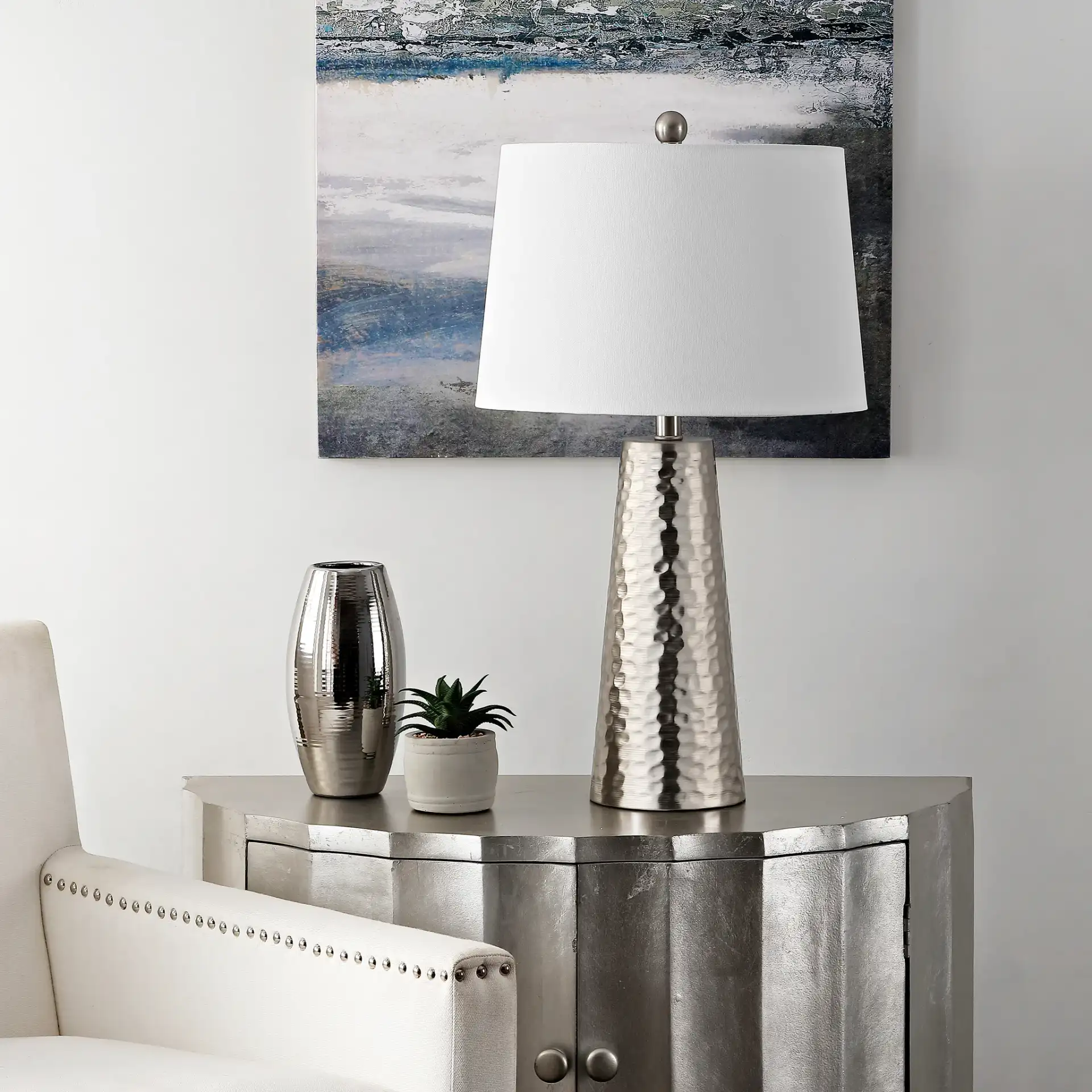 Batul Table Lamp in Nickel in a styled room