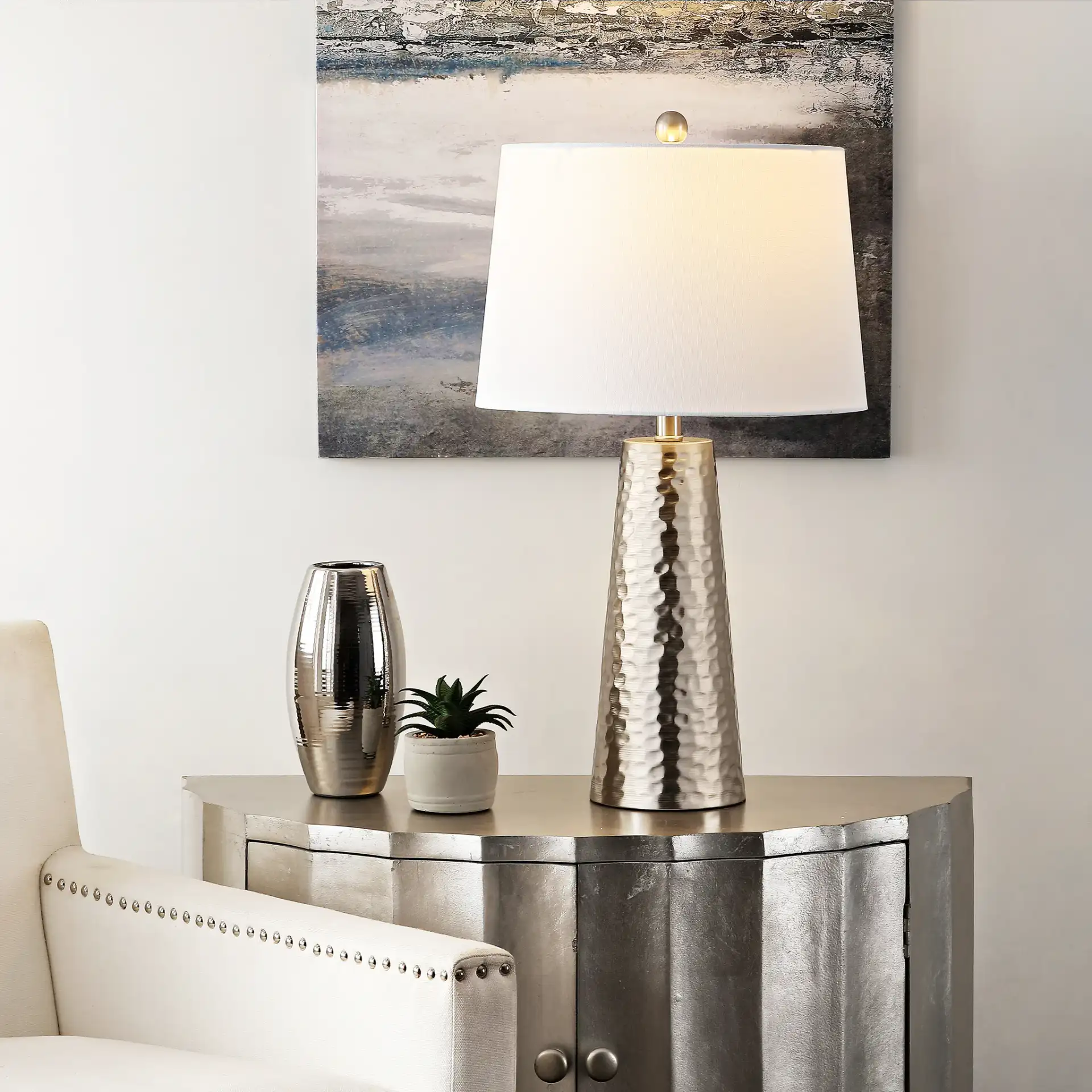 Batul Table Lamp in Nickel in a styled room