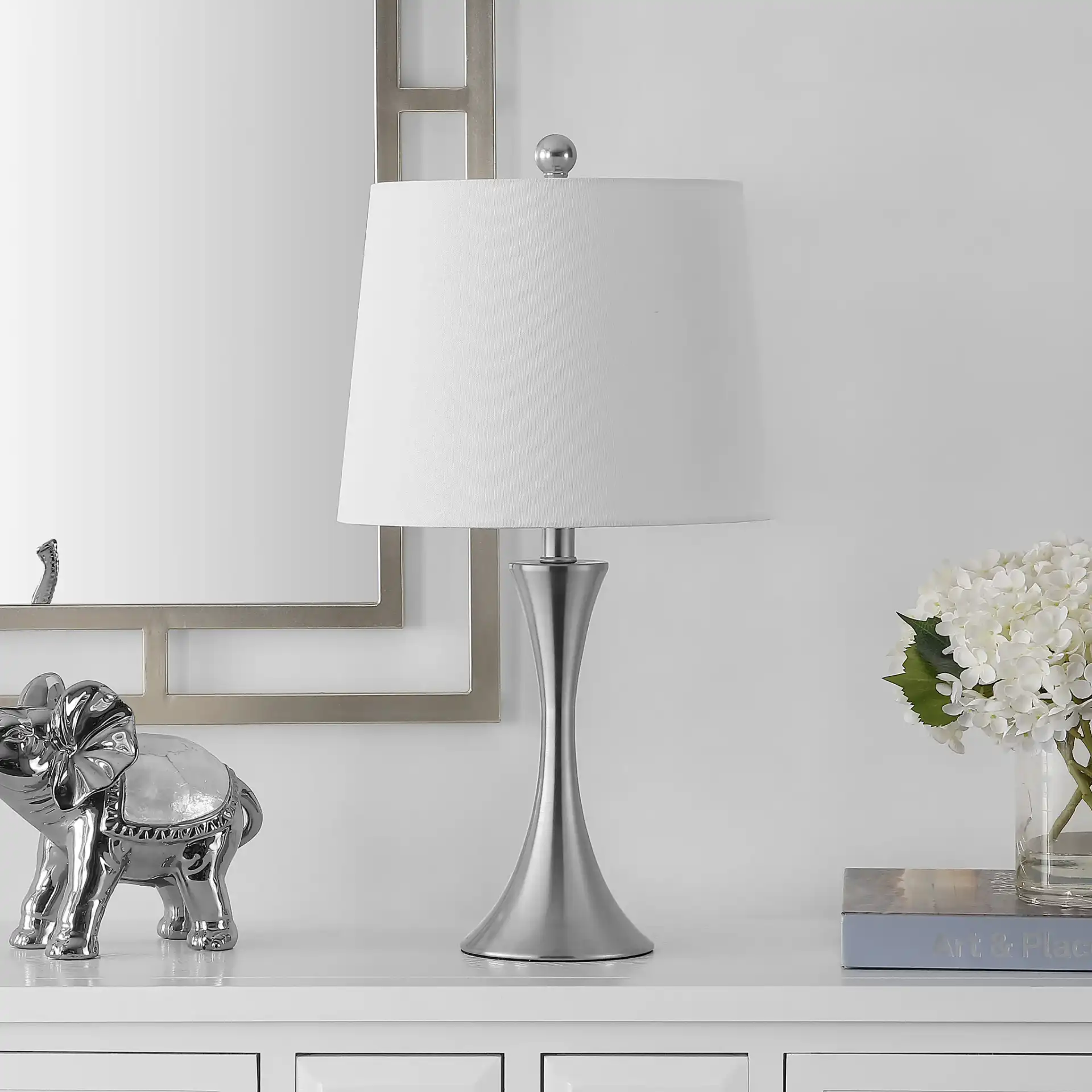 Benita Table Lamp in Nickel in a styled room