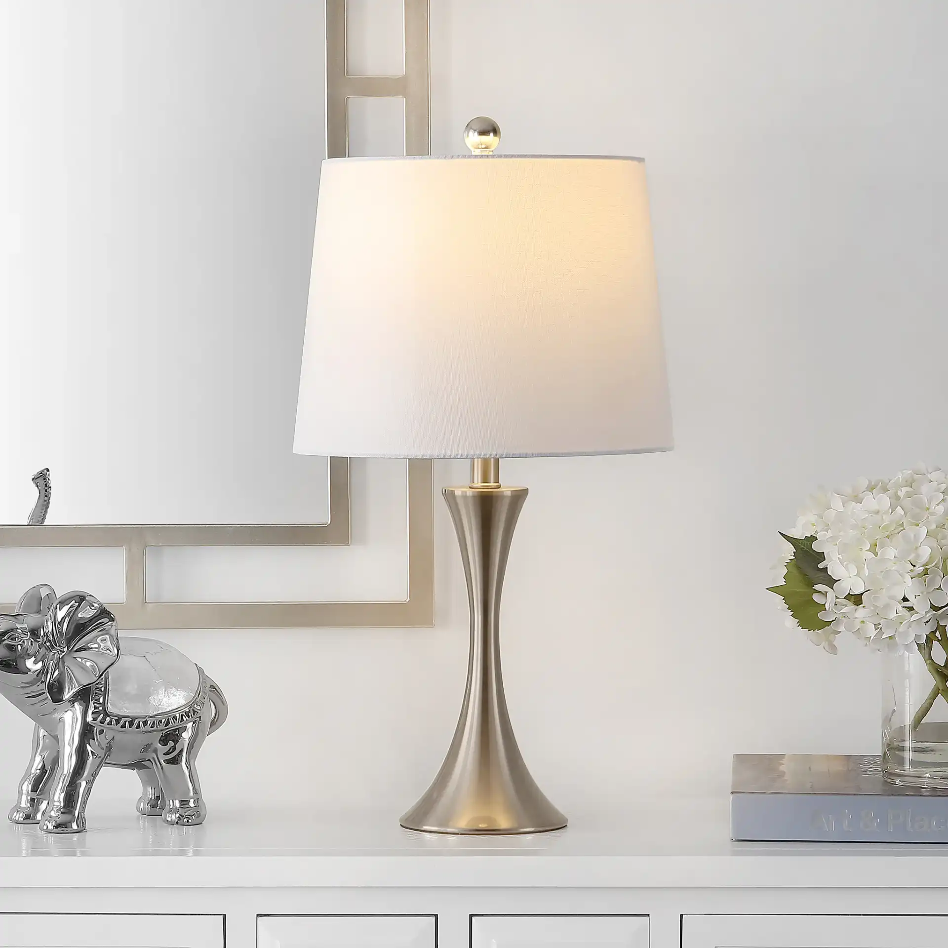 Benita Table Lamp in Nickel in a styled room