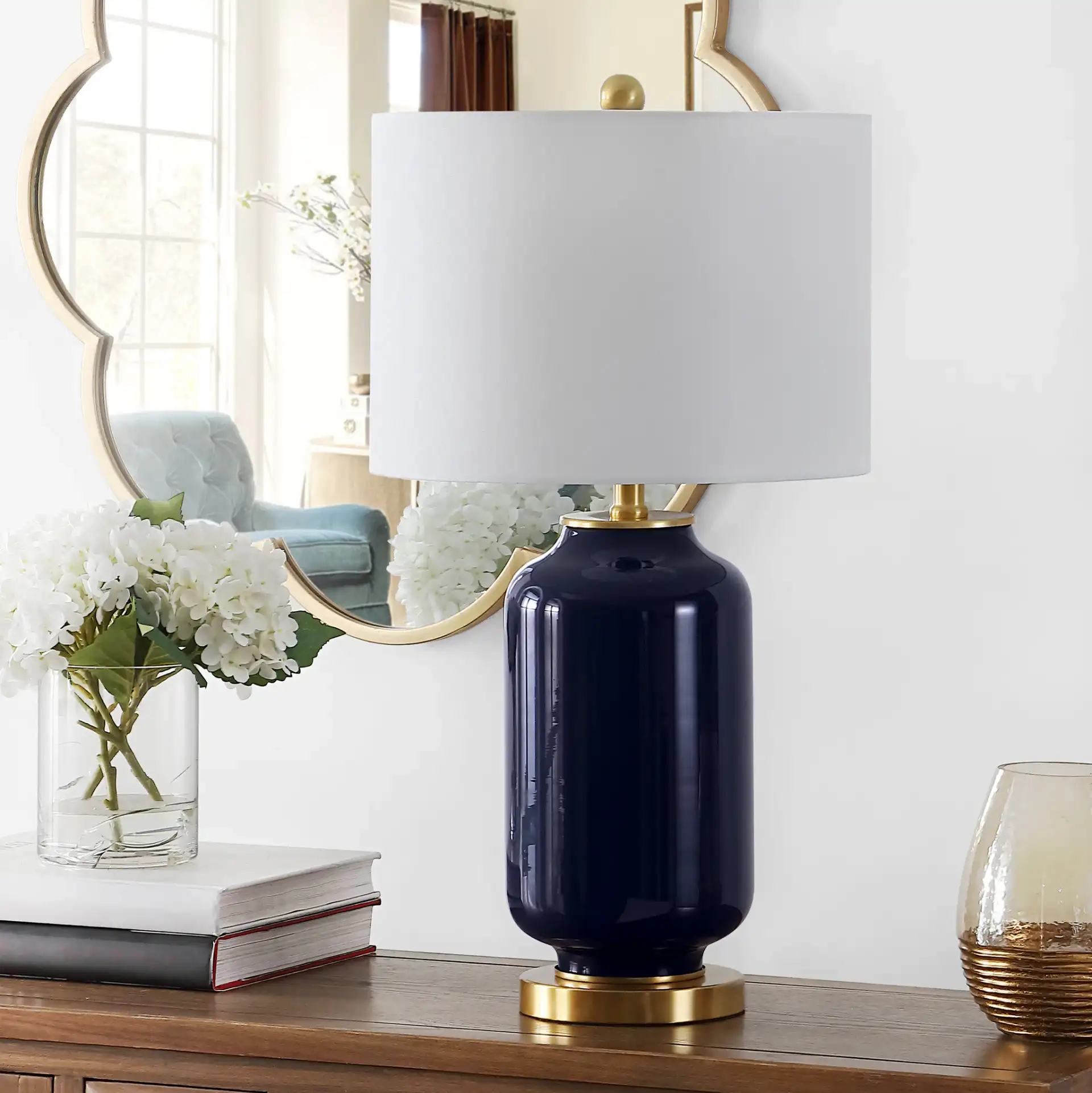 Amaia Table Lamp in Navy Blue in a styled room