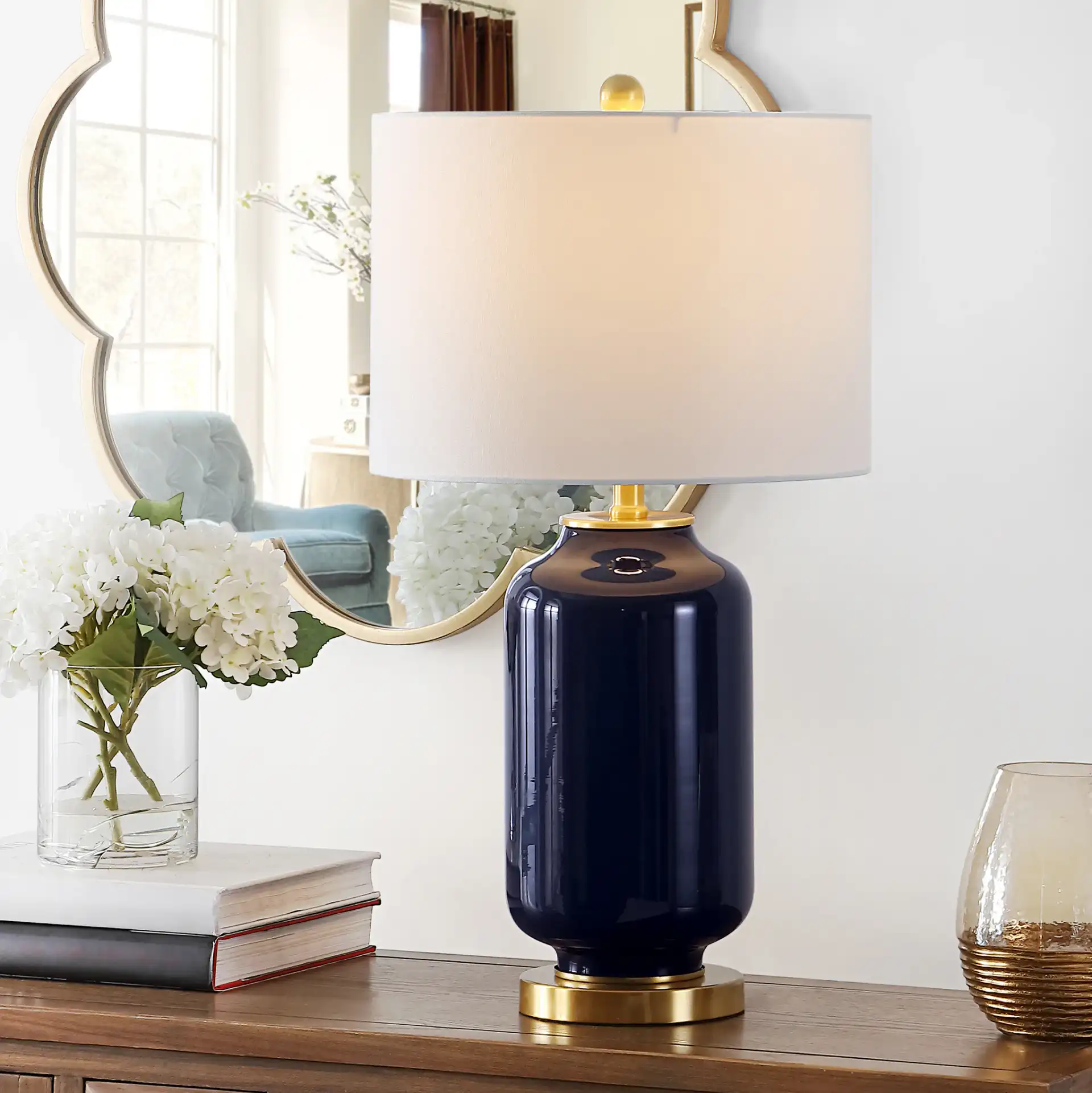 Amaia Table Lamp in Navy Blue in a styled room