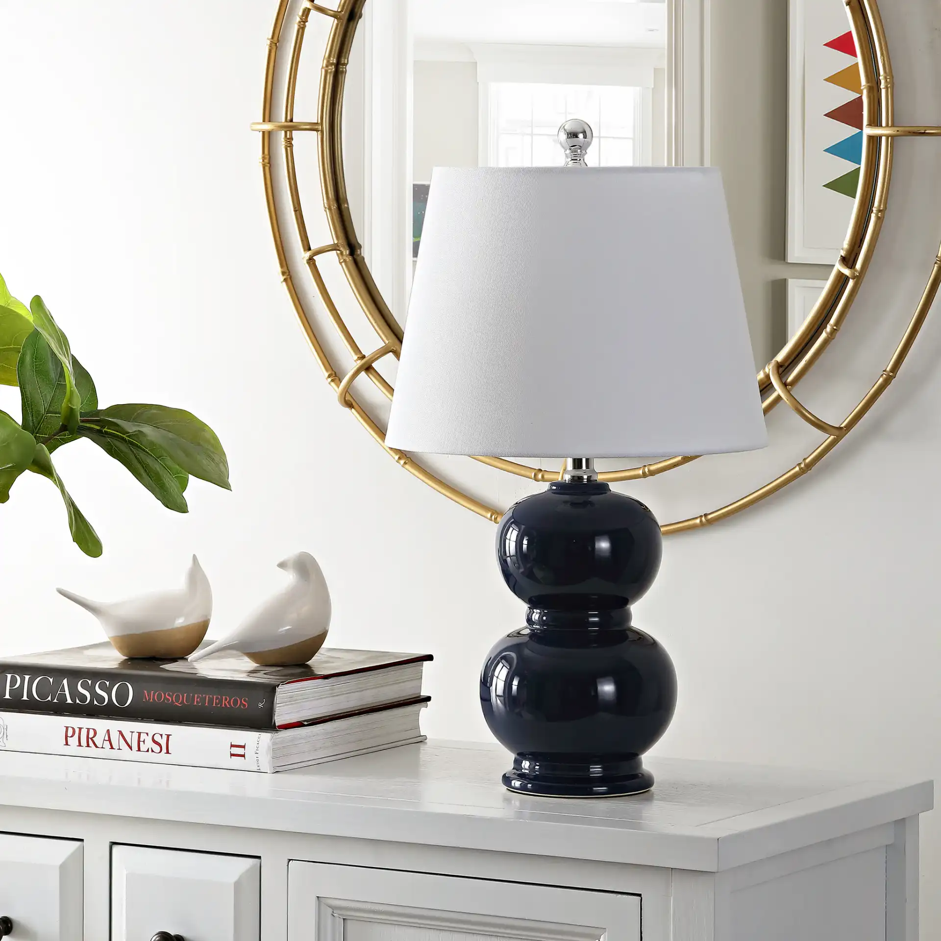 Everlee Table Lamp in Navy Blue in a styled room