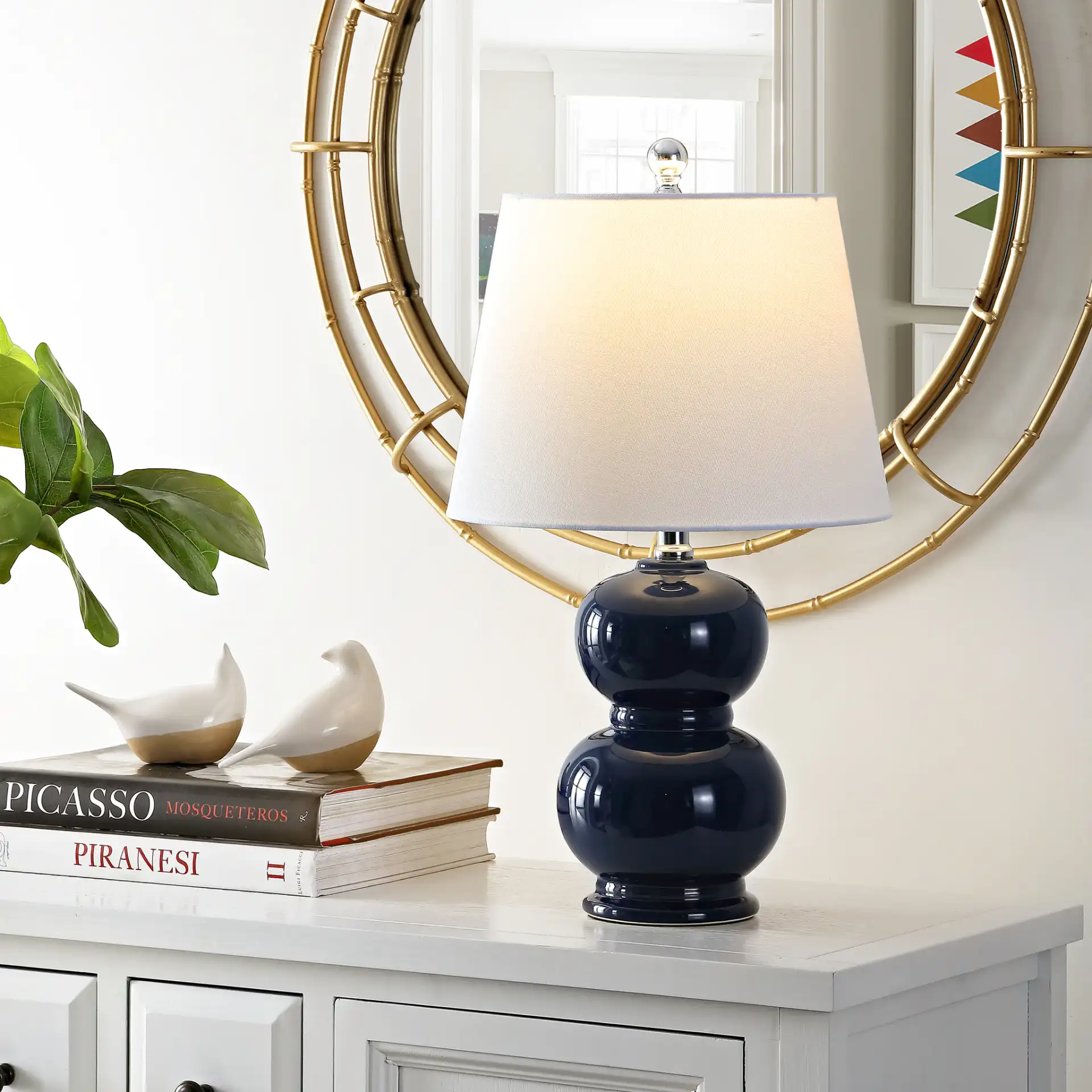Everlee Table Lamp in Navy Blue in a styled room