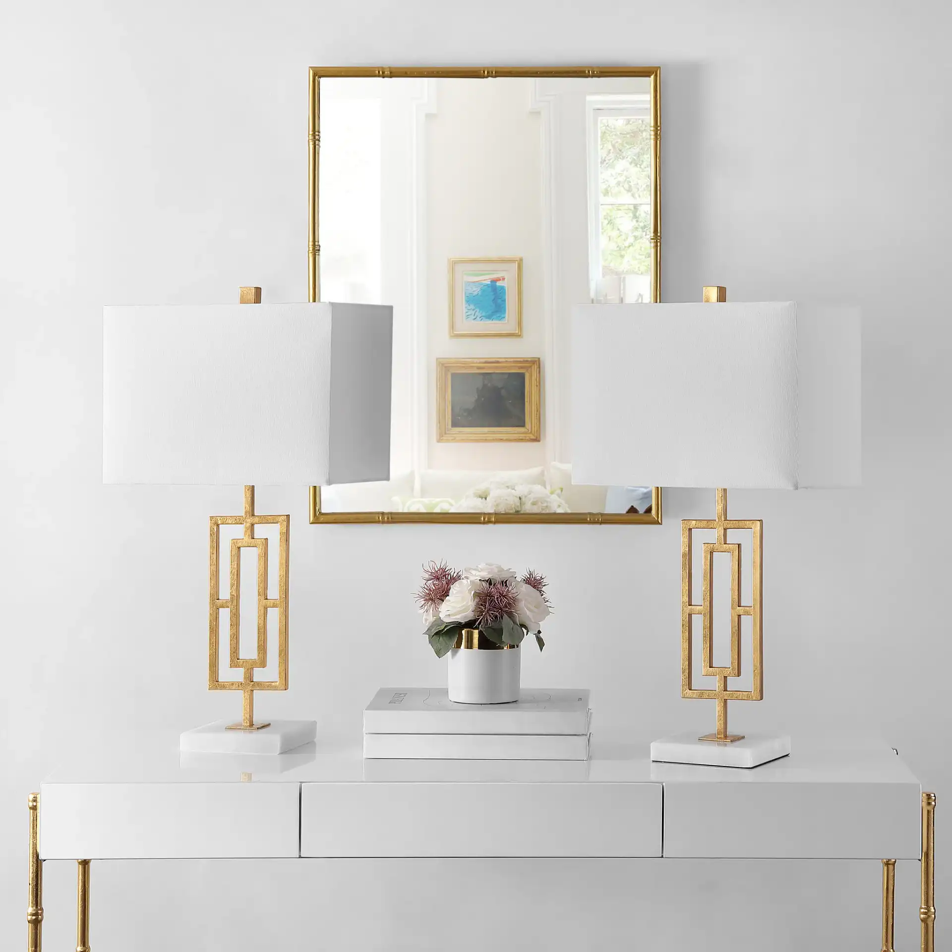 Yara Table Lamp (Set Of 2) in Gold Leaf / White in a styled room