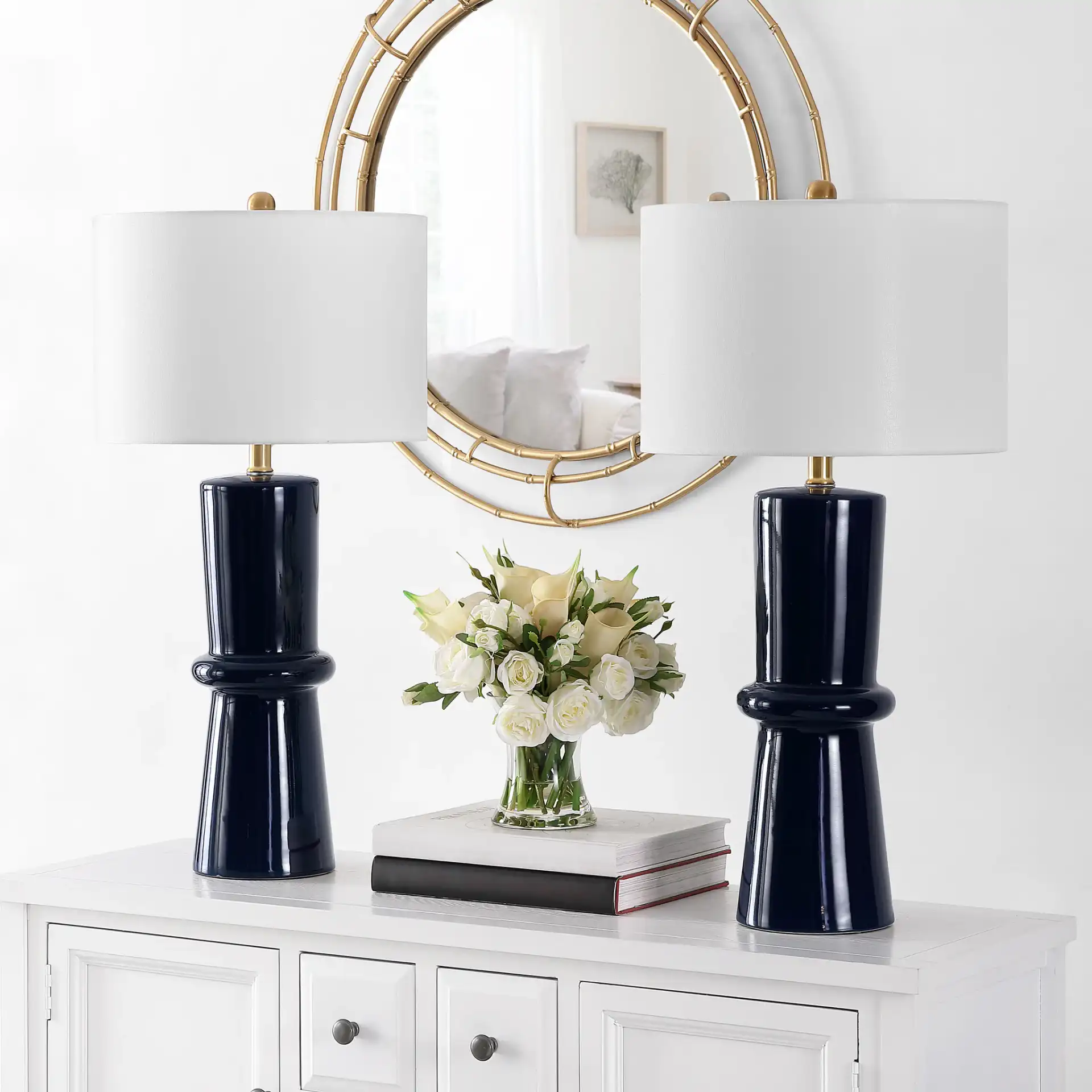 Ellaria Table Lamp (Set Of 2) in Navy Blue in a styled room