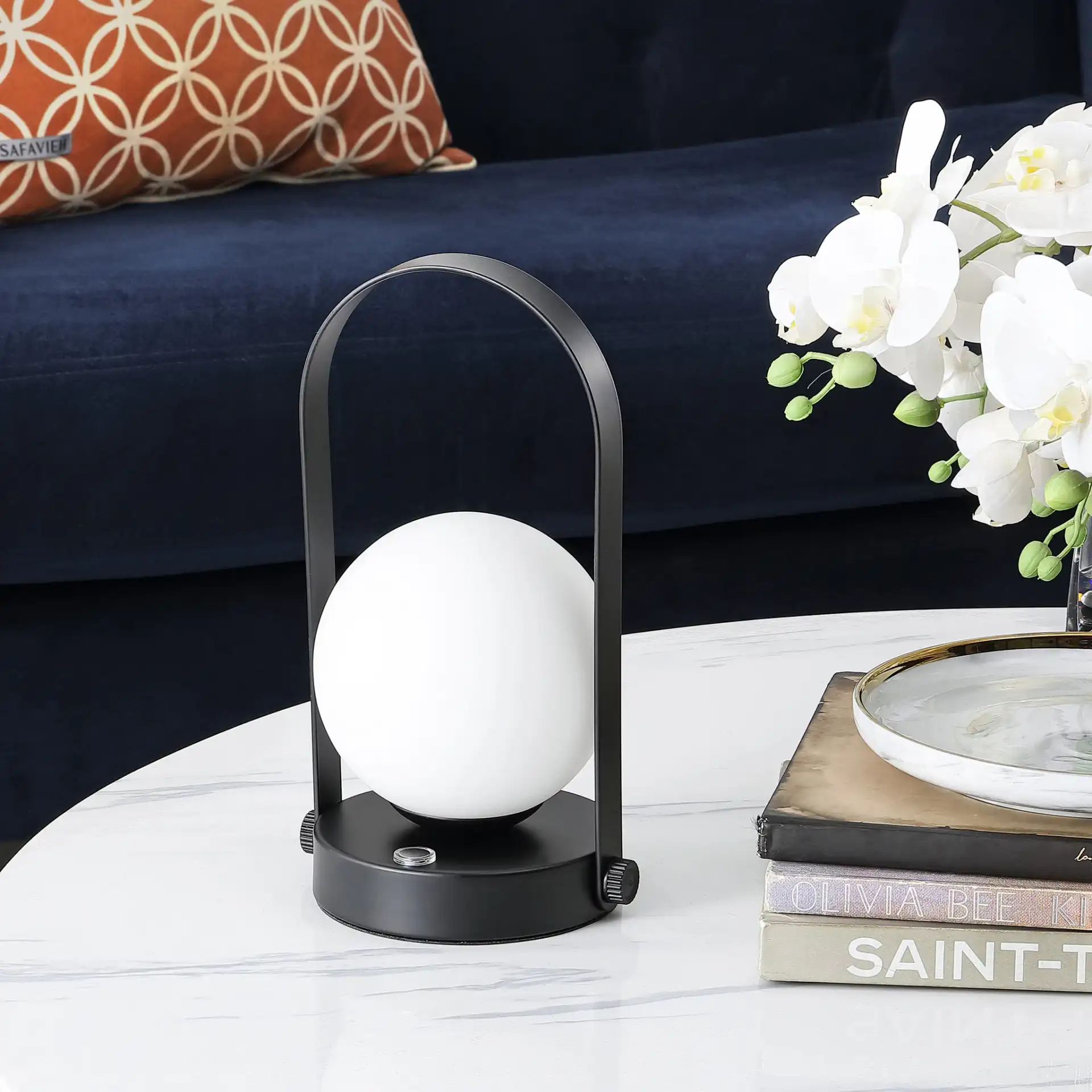 Meira Rechargeable Led Table Lamp in Black in a styled room