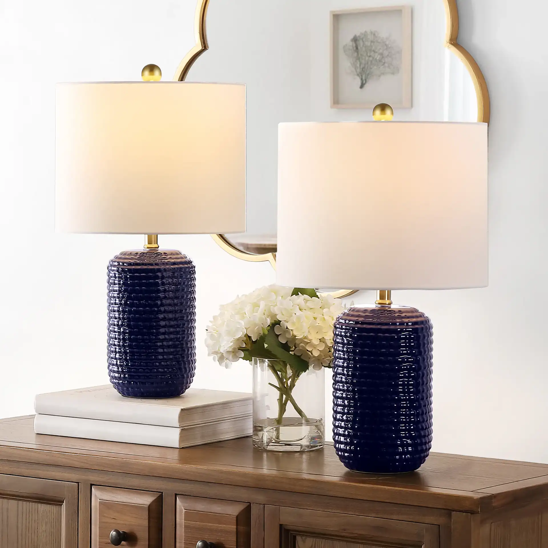 Jace Table Lamp (Set Of 2) in Navy Blue in a styled room