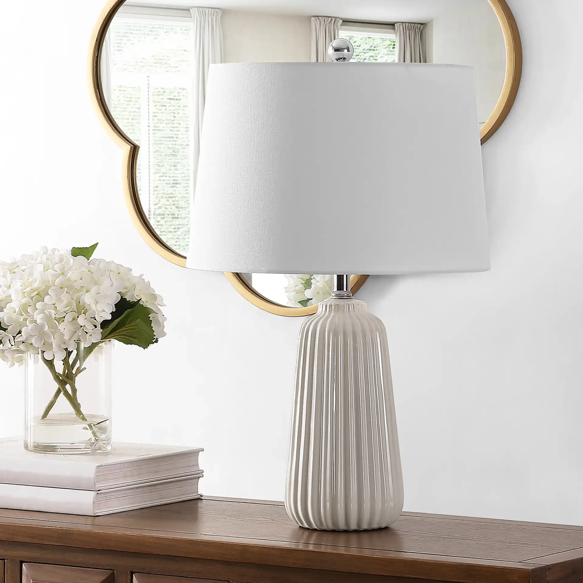 Sawyer Table Lamp in Ivory in a styled room