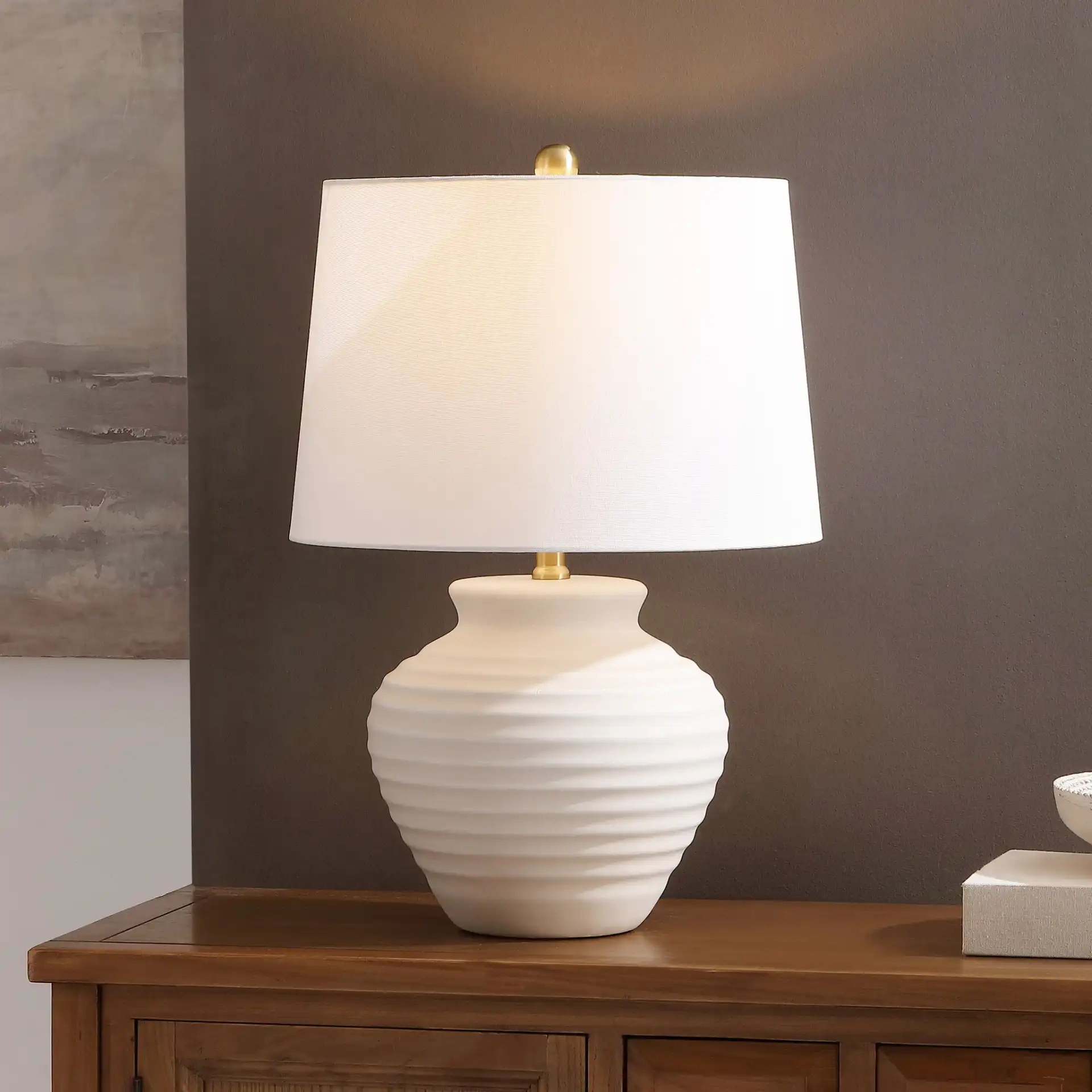 Ledger Table Lamp in Bone in a styled room