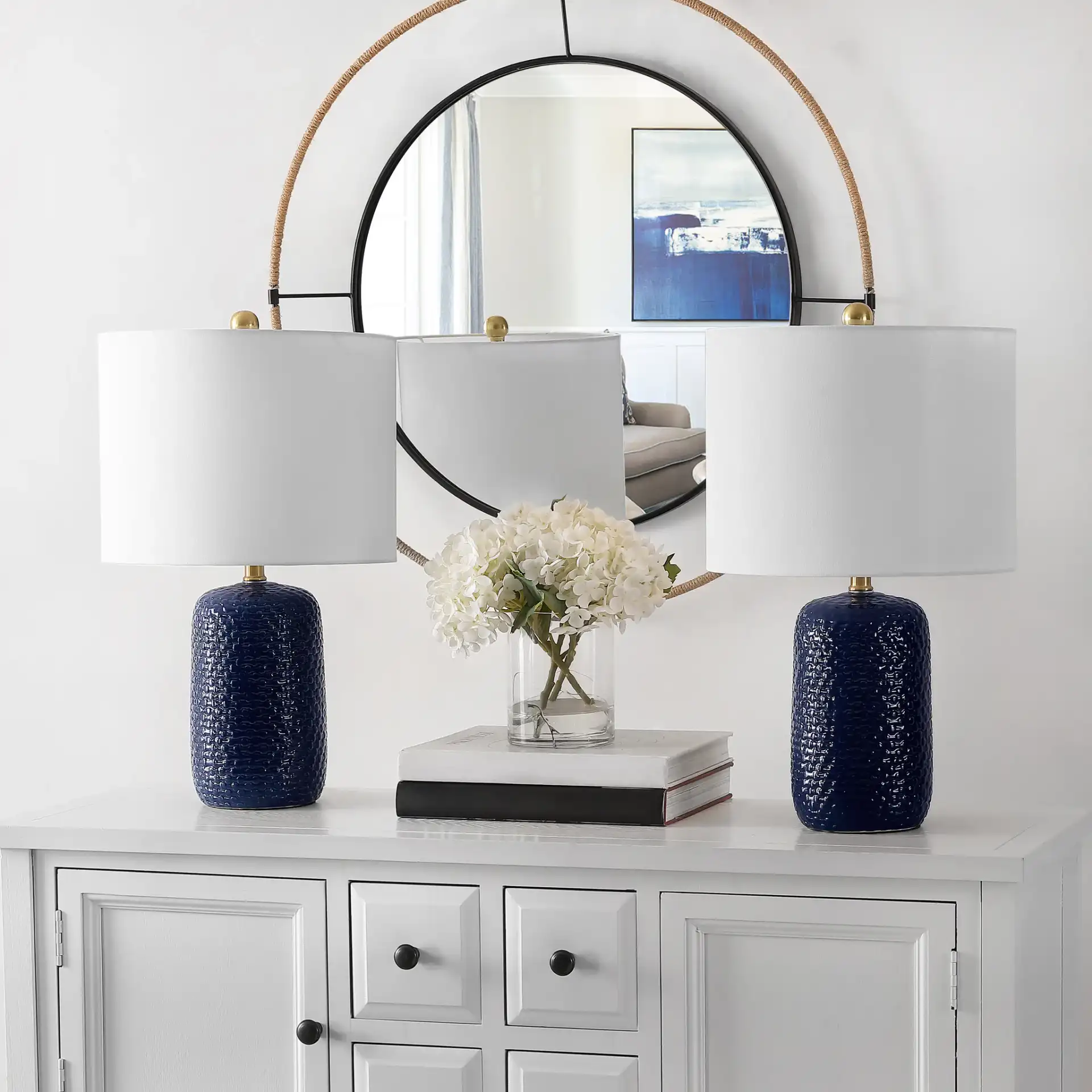 Huxley Table Lamp (Set Of 2) in Navy Blue in a styled room