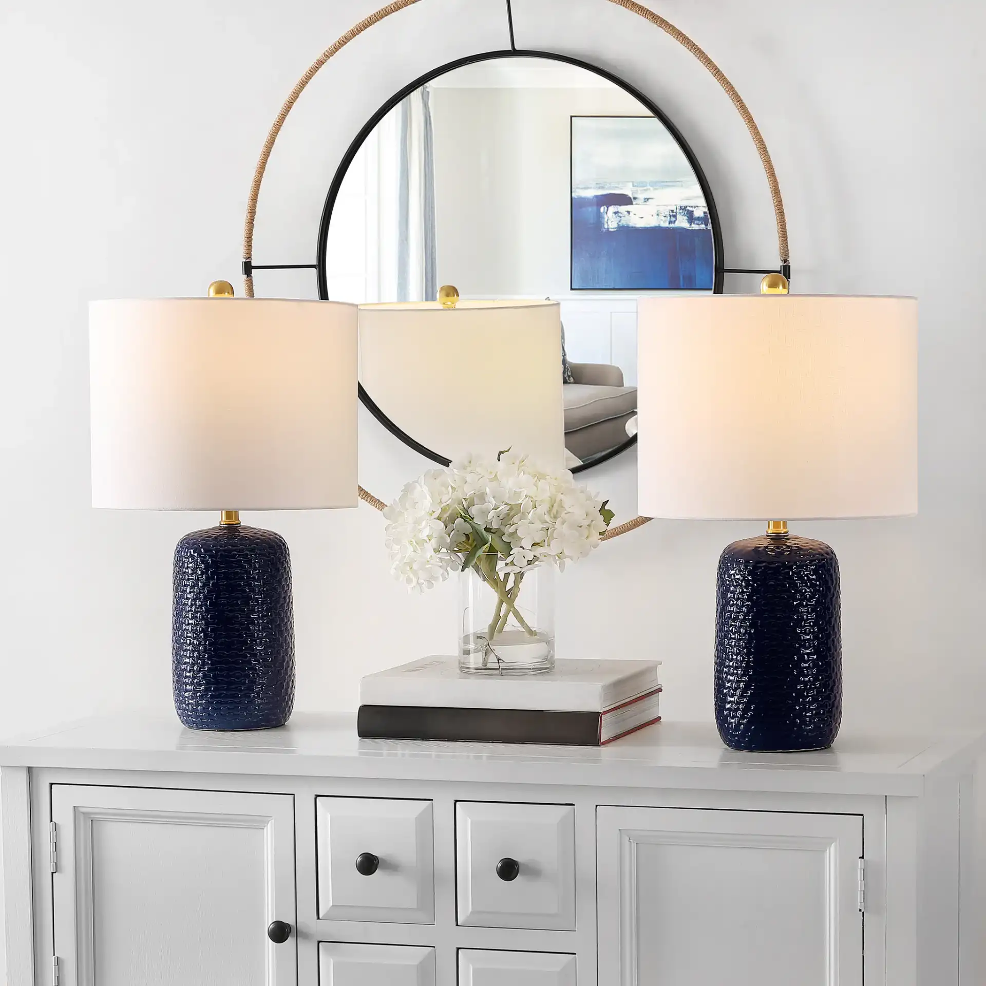 Huxley Table Lamp (Set Of 2) in Navy Blue in a styled room