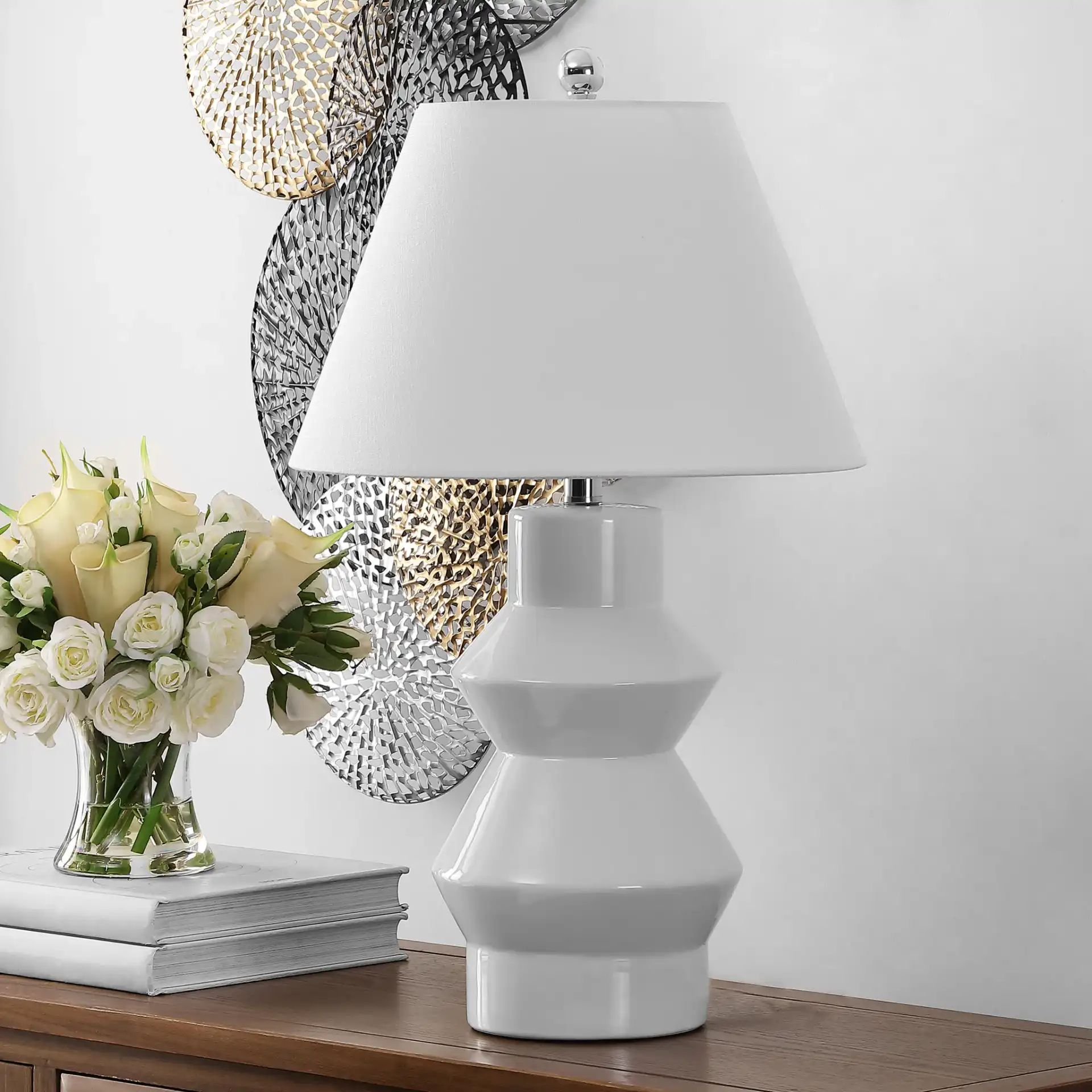 Larcia Table Lamp in White in a styled room