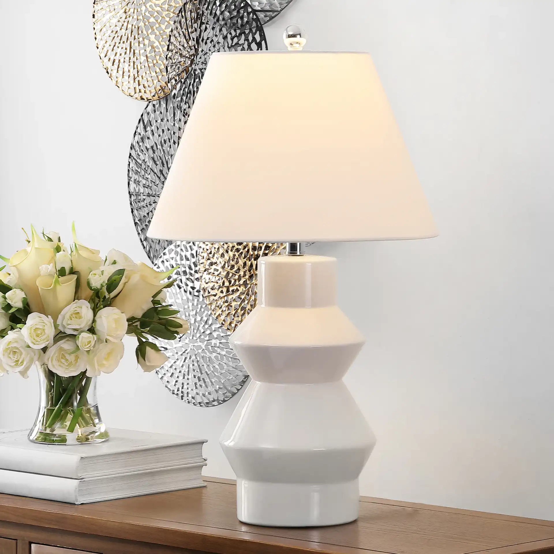 Larcia Table Lamp in White in a styled room