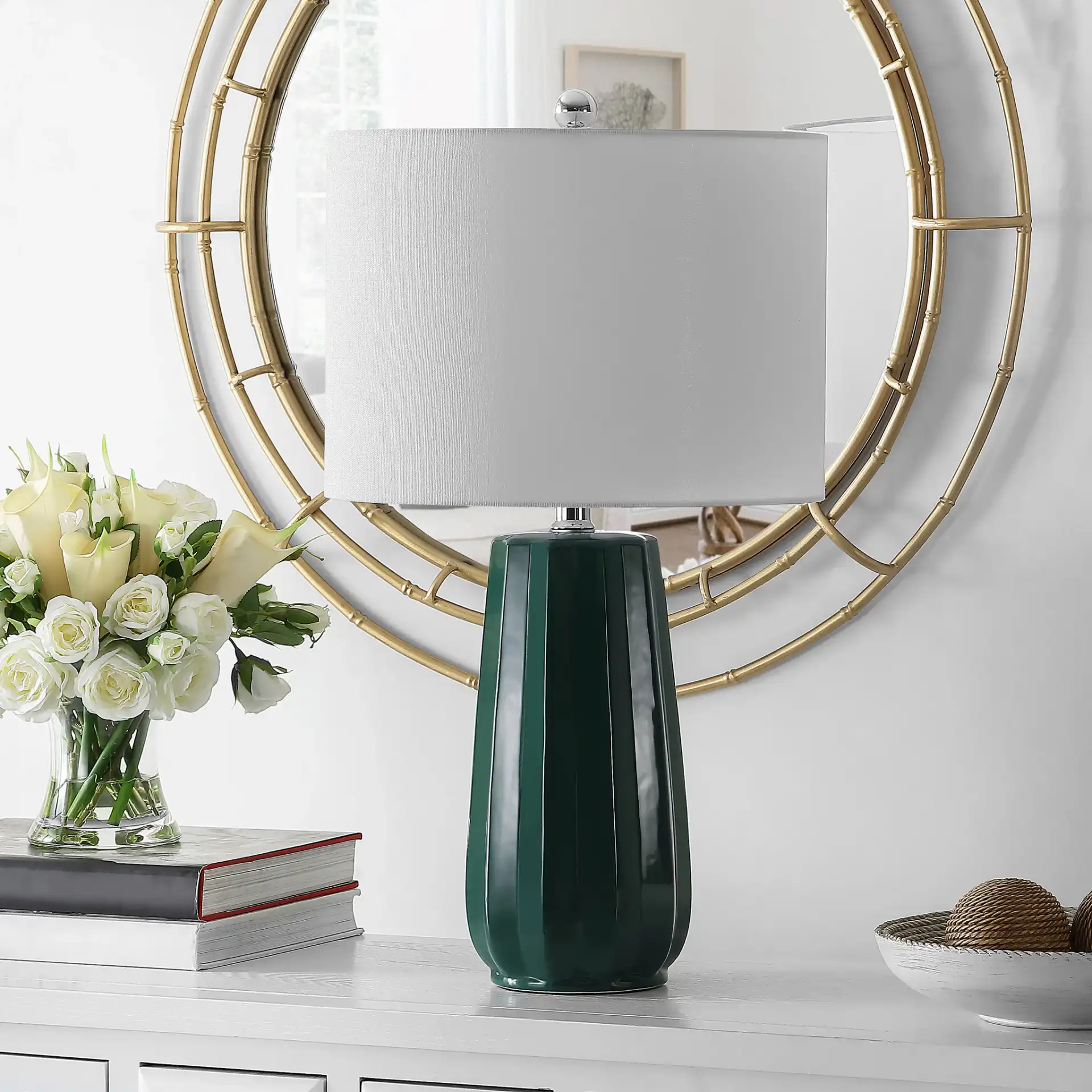Yani Table Lamp in Dark Green in a styled room