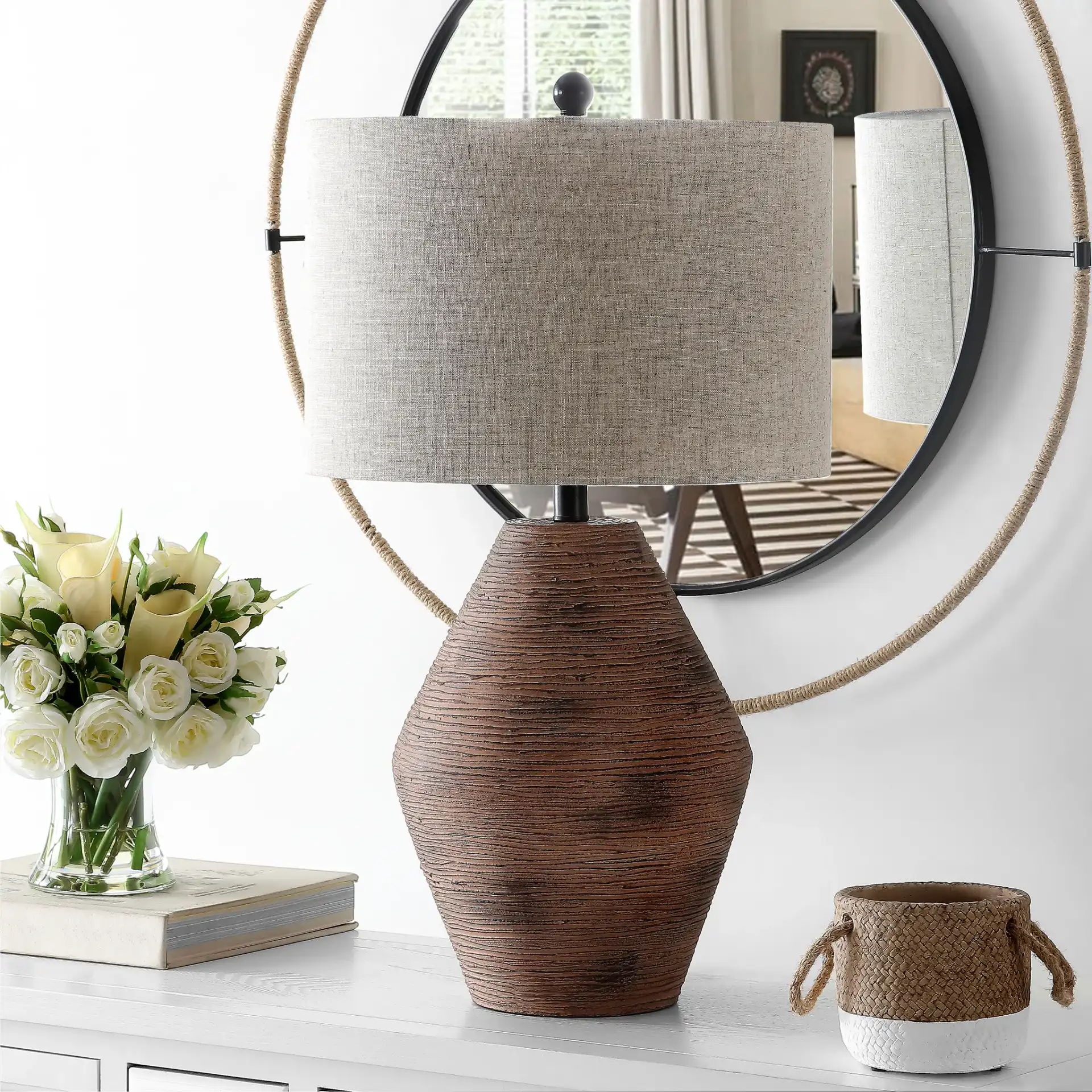 Detris Table Lamp in Brown in a styled room
