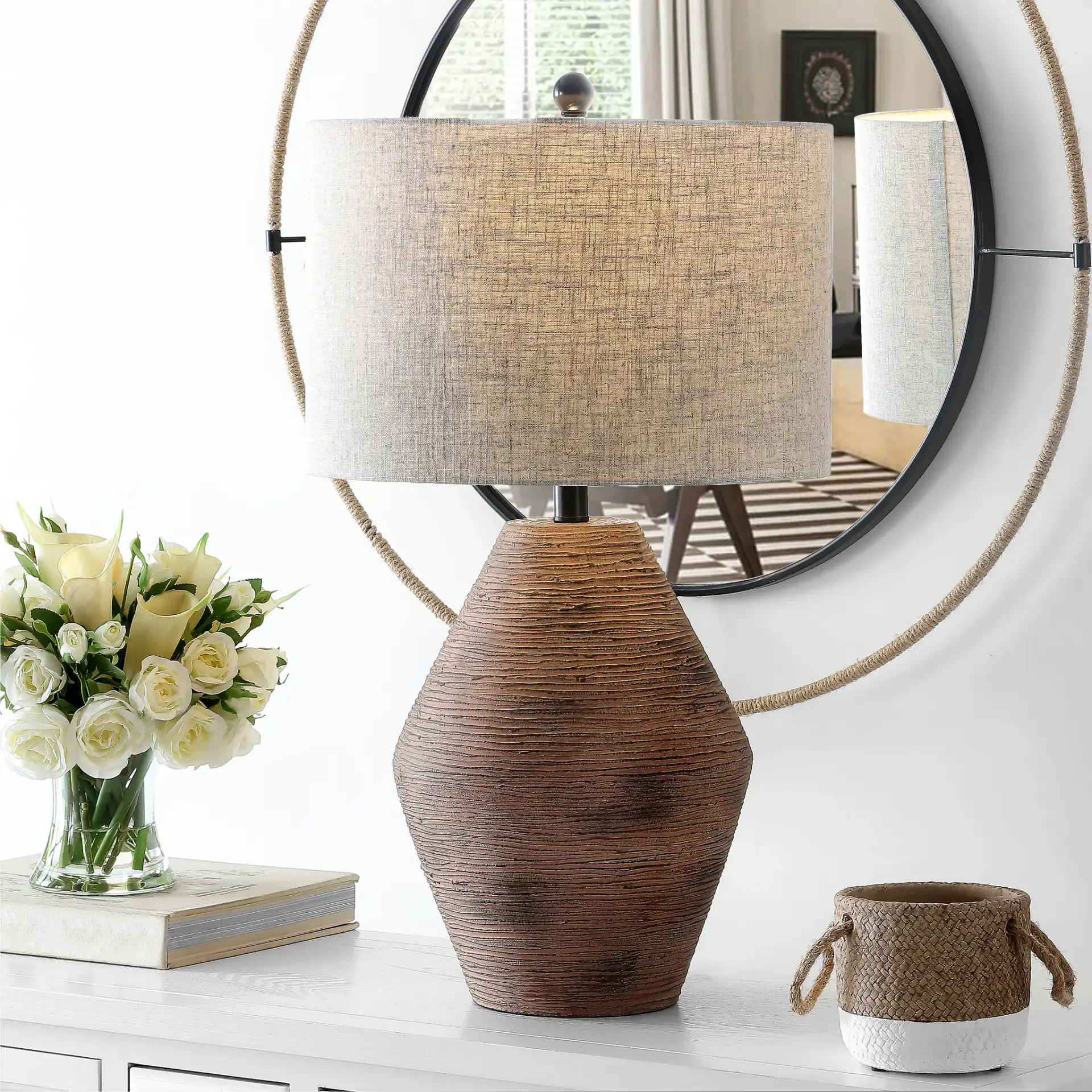 Detris Table Lamp in Brown in a styled room