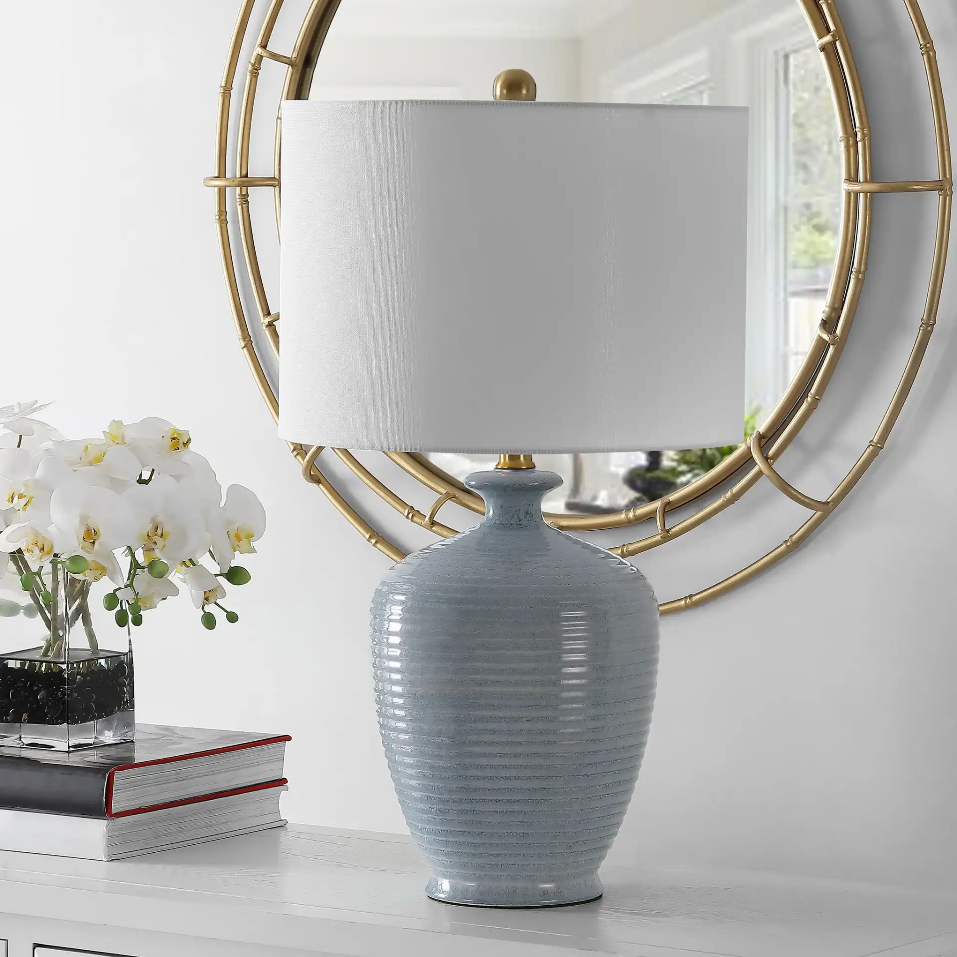 Hanron Table Lamp in Blue in a styled room