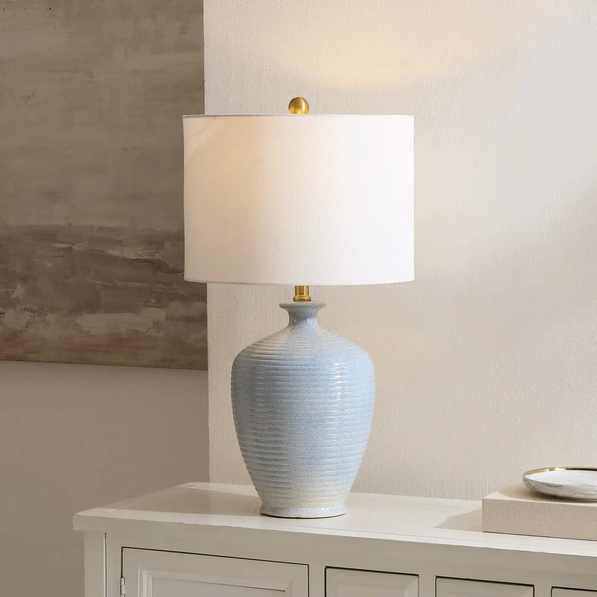 Hanron Table Lamp in Blue in a styled room