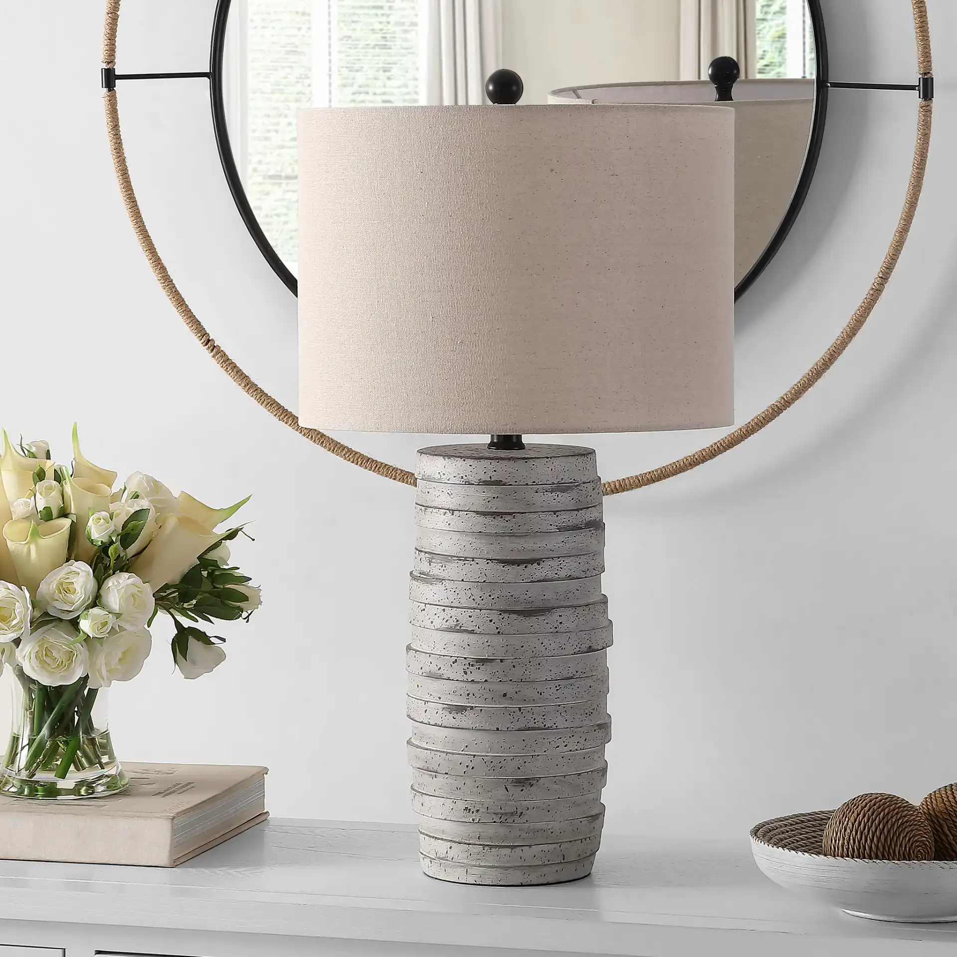 Alron Table Lamp in Antique Gray in a styled room