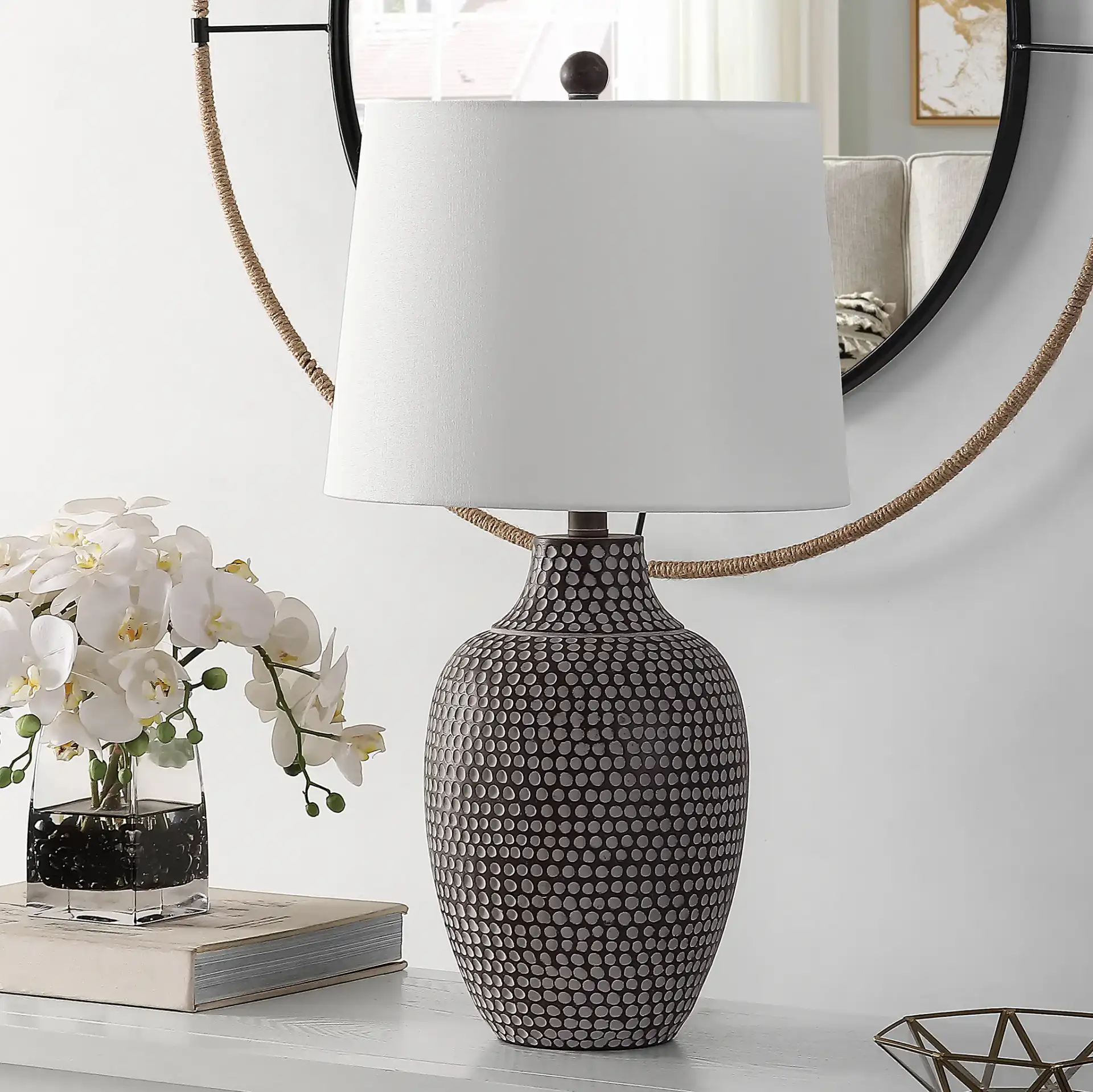 Resler Table Lamp in Brown in a styled room