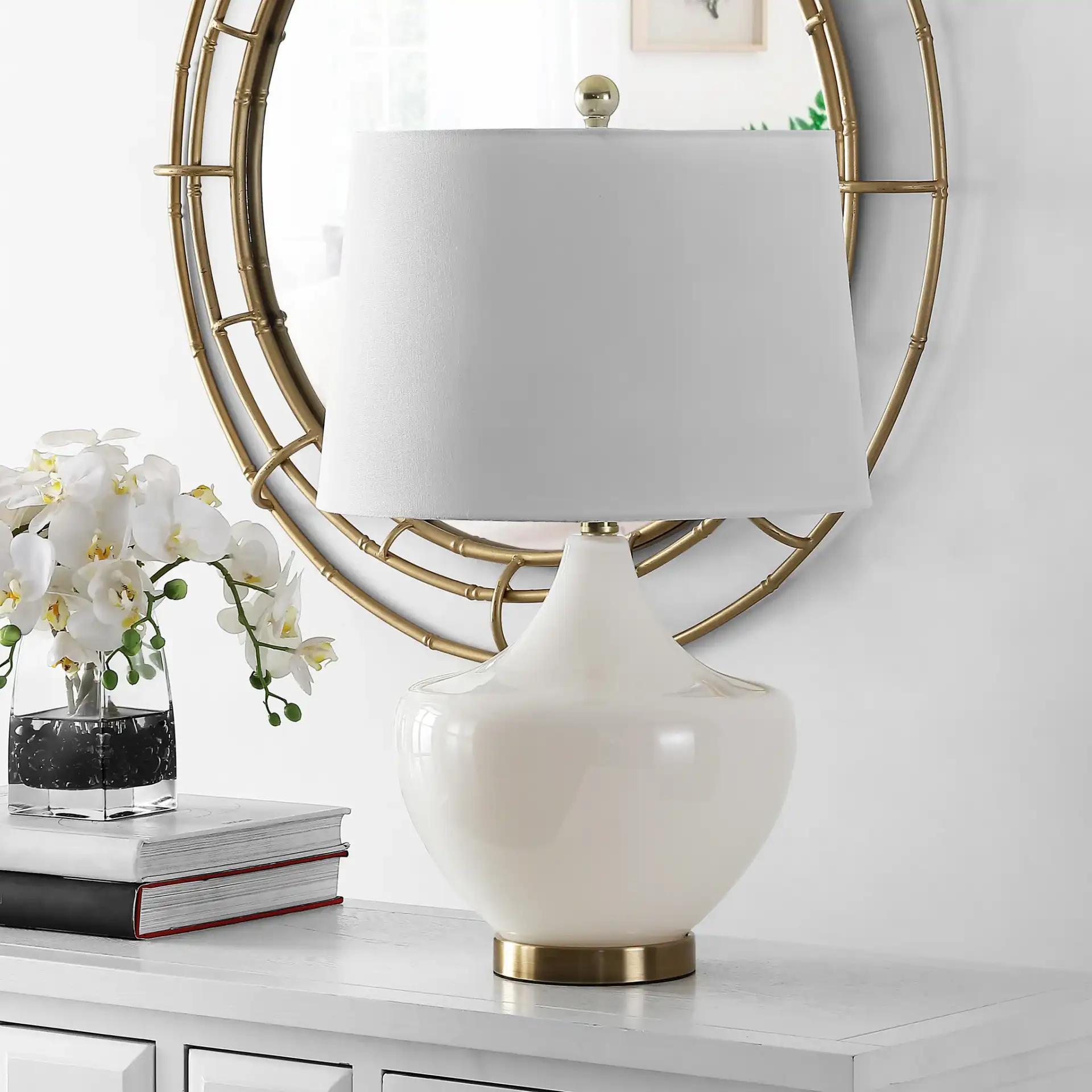 Demra Table Lamp in White in a styled room