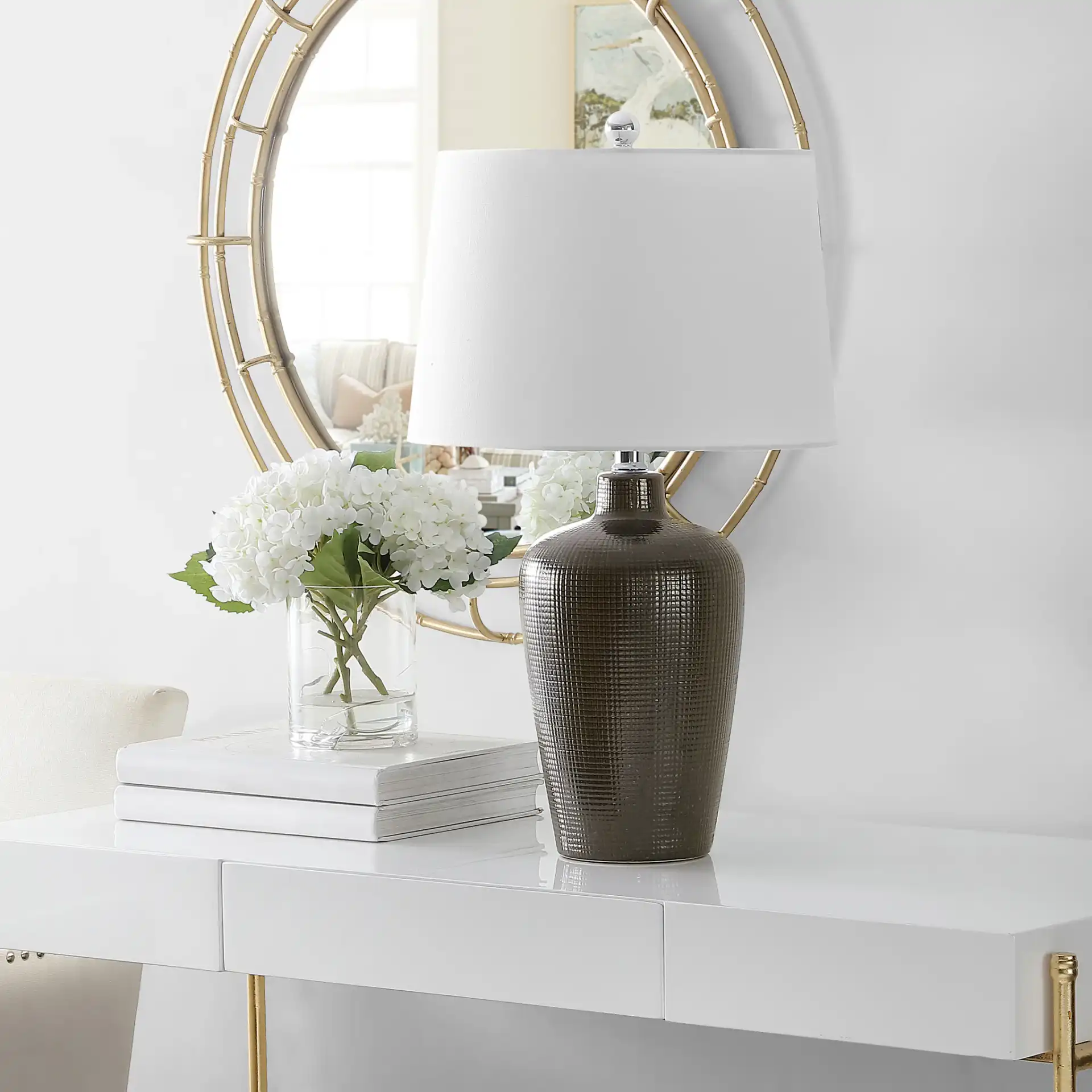 Alria Table Lamp in Brown in a styled room