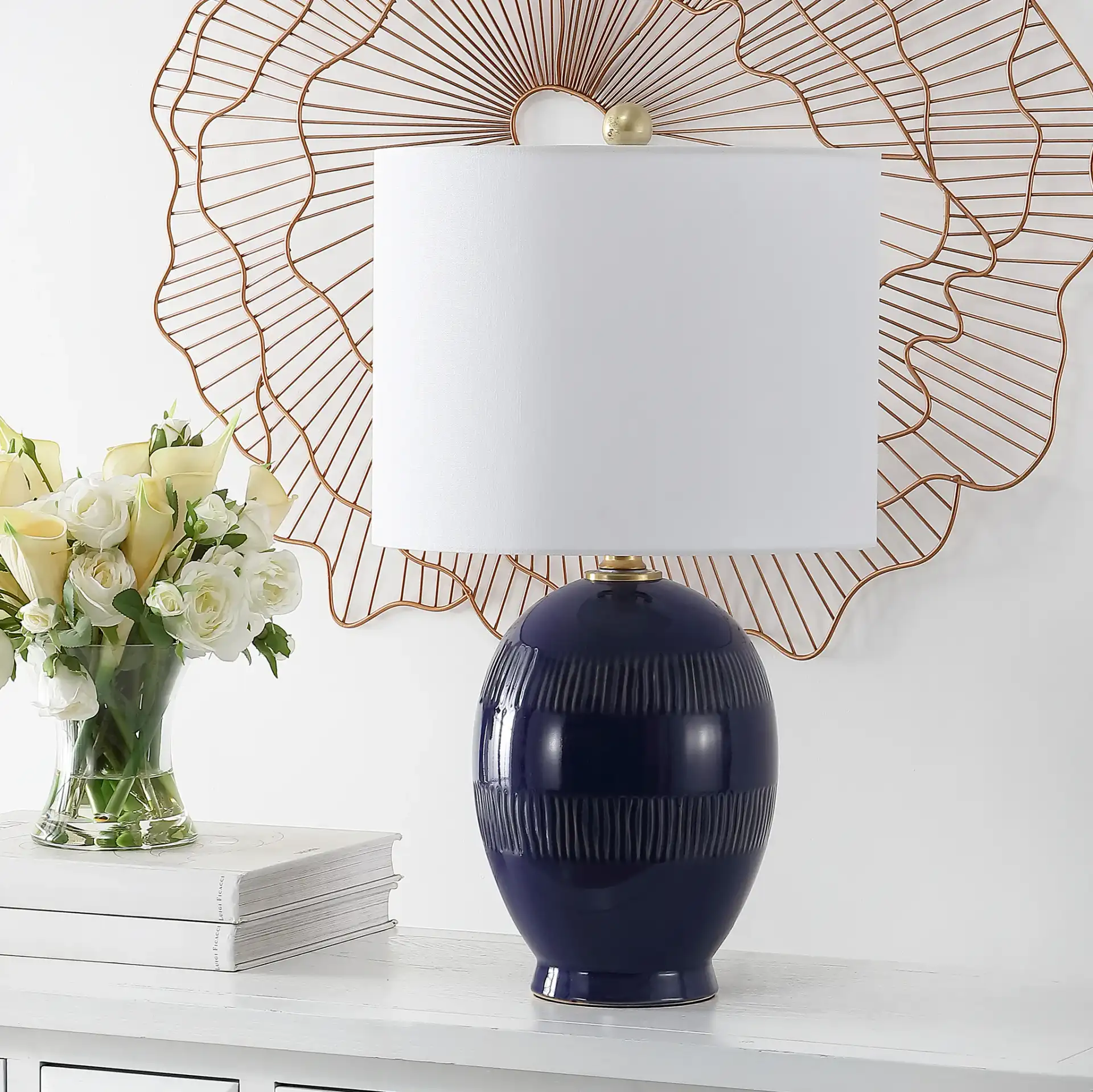 Liney Table Lamp in Blue in a styled room
