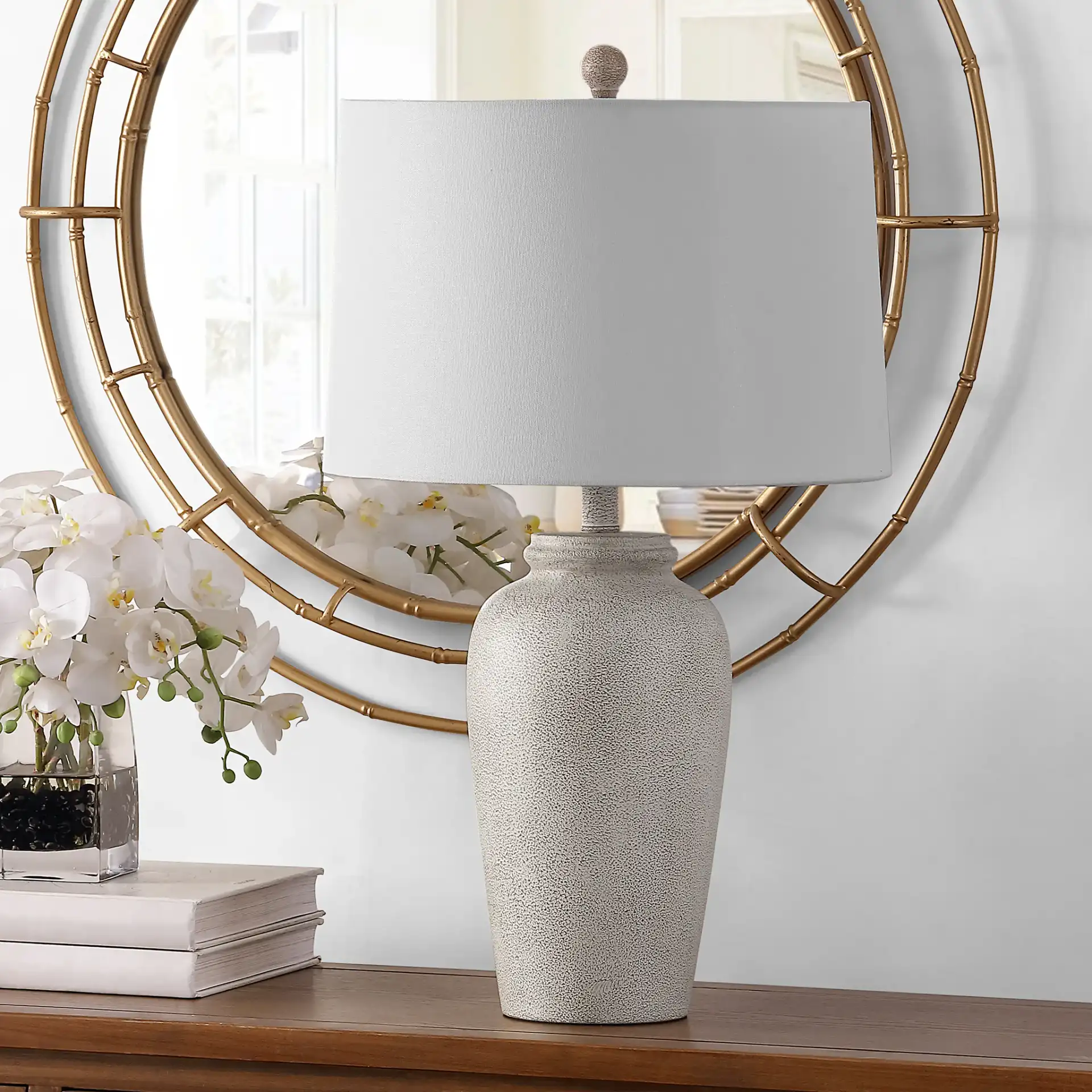 Sabrin Table Lamp in Cream in a styled room