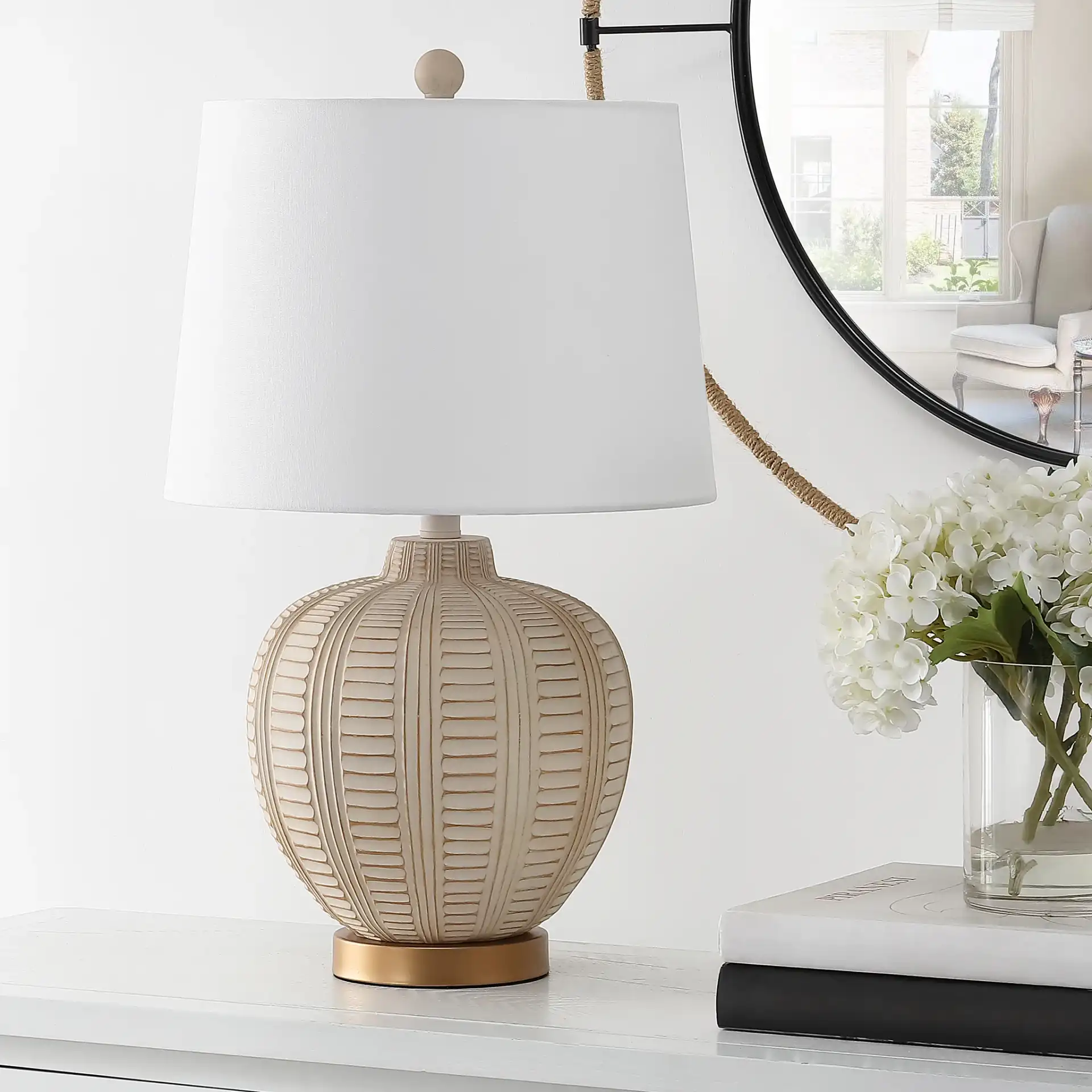 Marrla Table Lamp With Usb in Cream / Rose Gold in a styled room