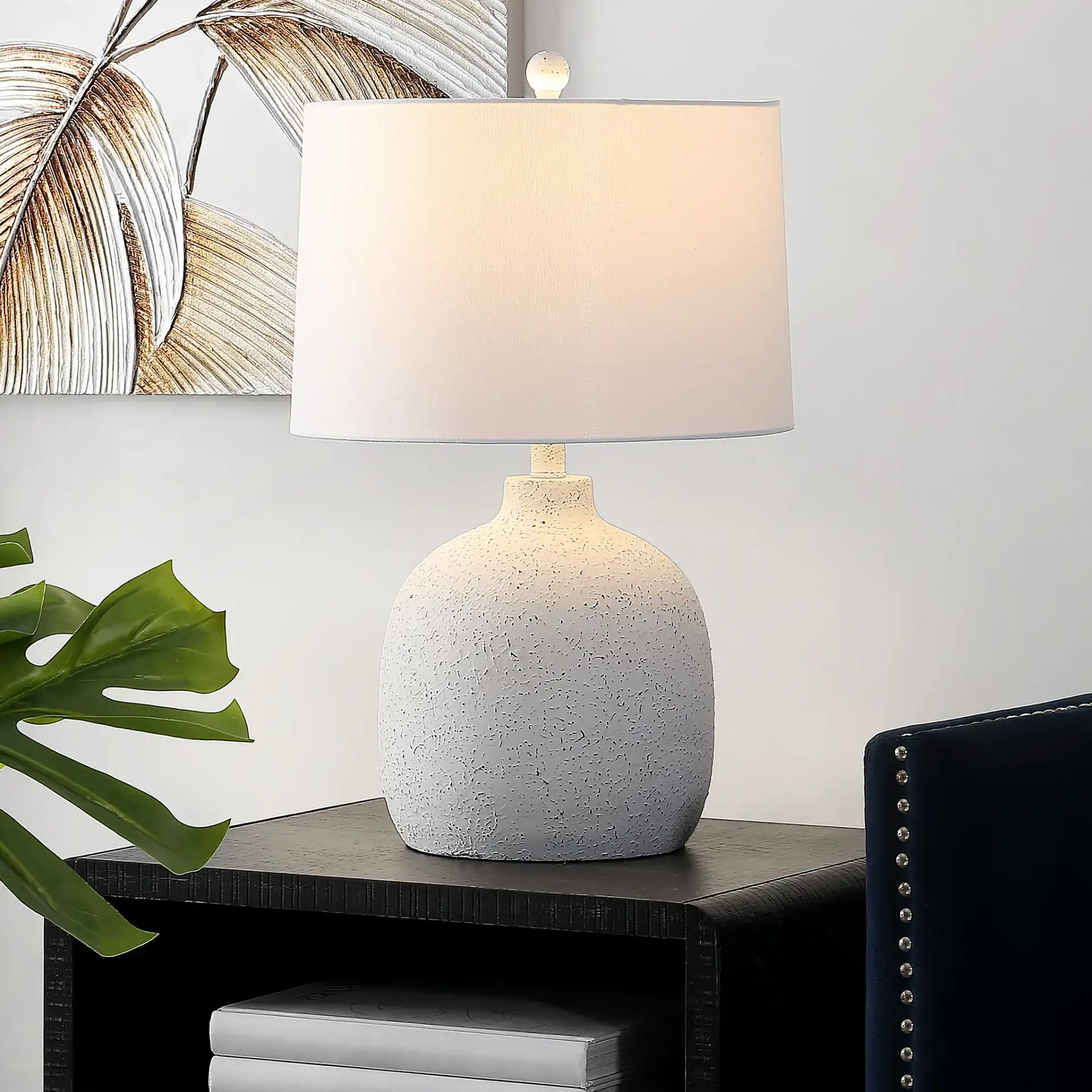 Veleri Table Lamp in White Speckle in a styled room