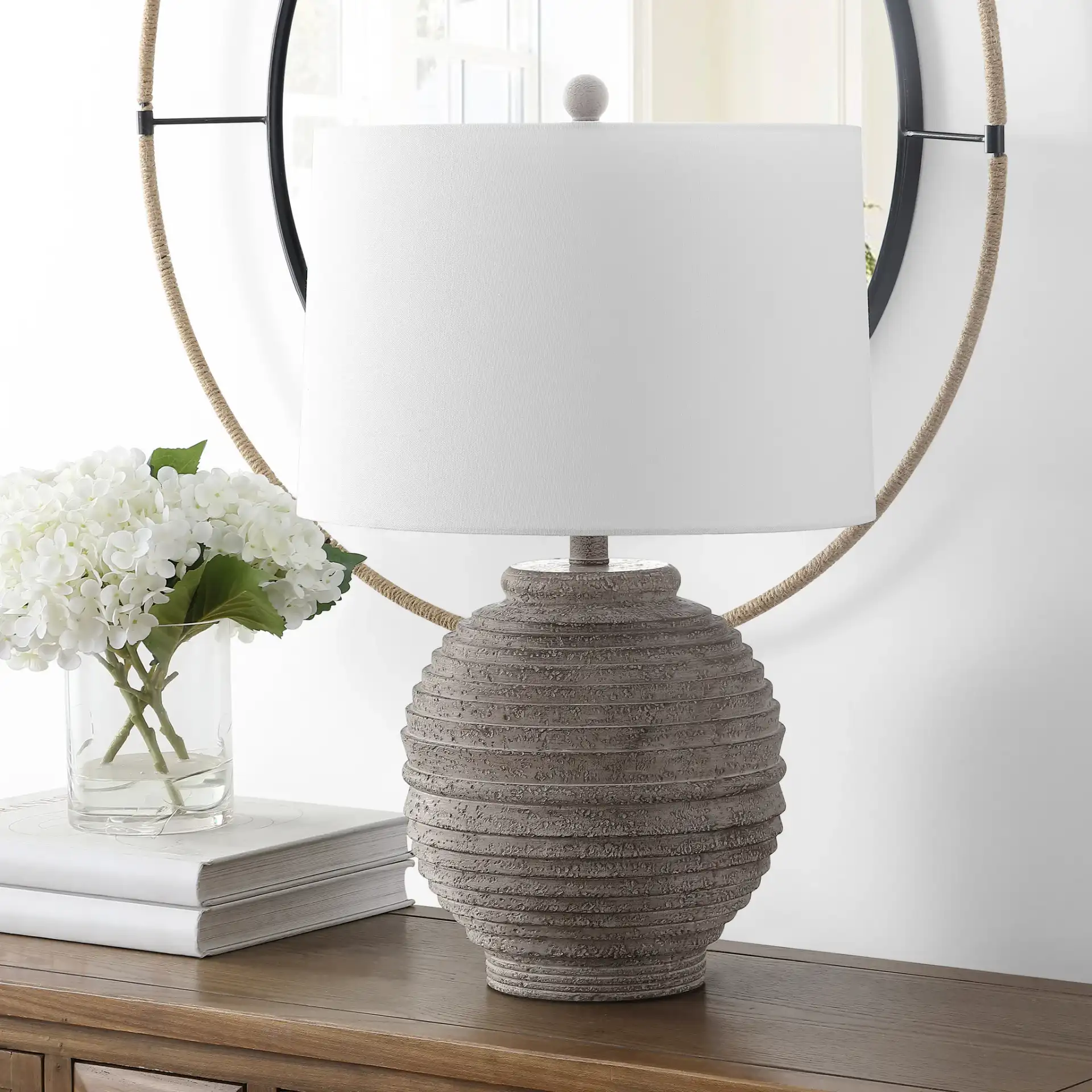 Pendri Table Lamp in Brown in a styled room