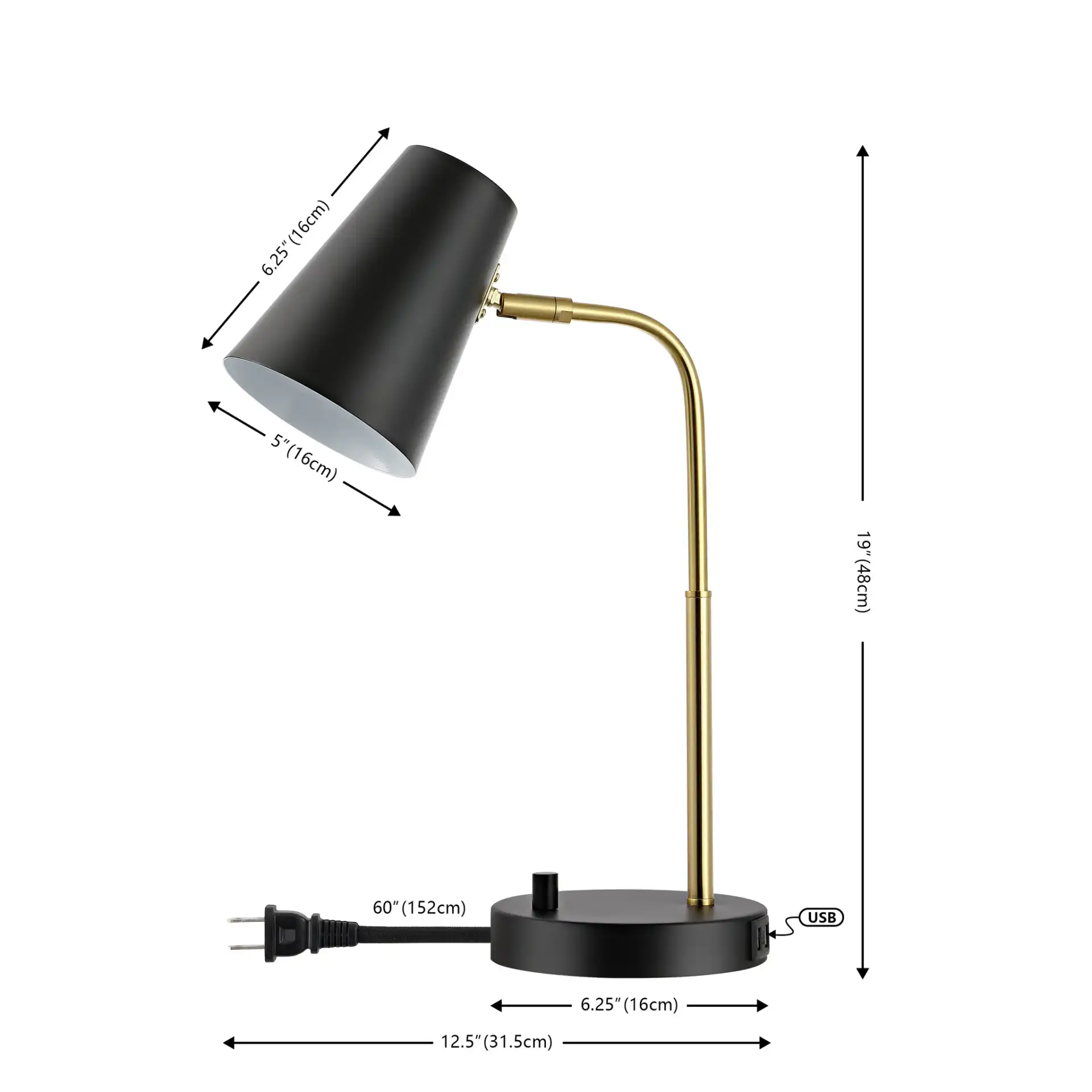 Arynn Table Lamp With Usb in Black / Brass, detail view