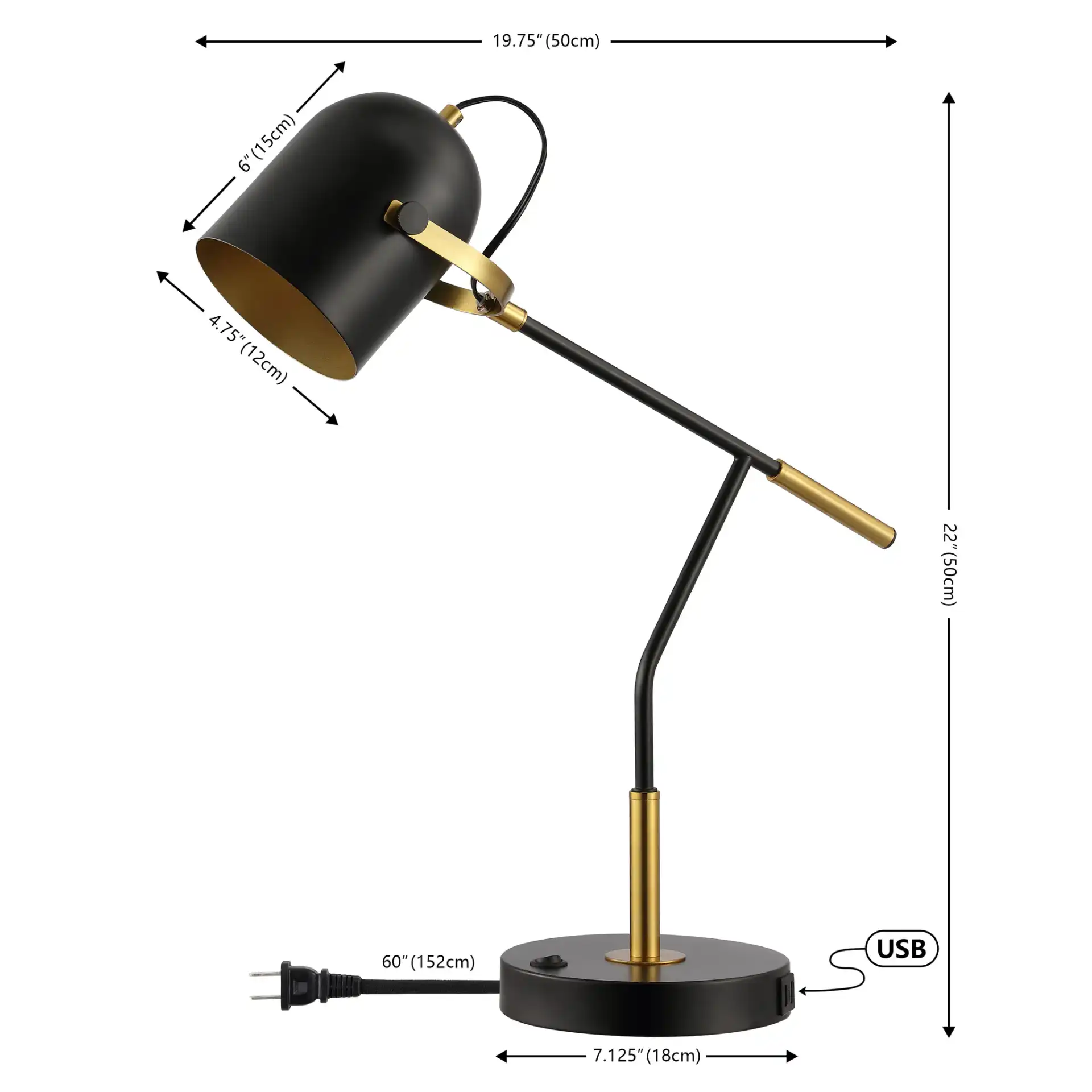 Mulaney Table Lamp With Usb in Black / Brass, detail view