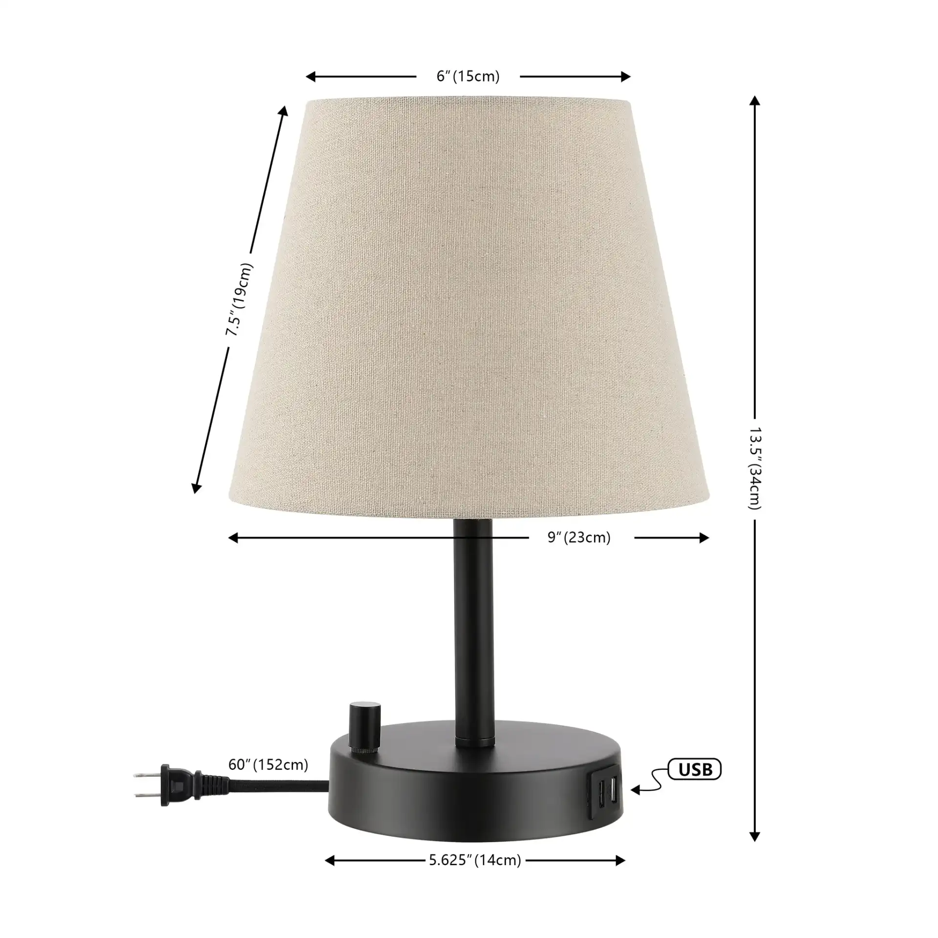 Dexter Table Lamp With Usb in Black, detail view