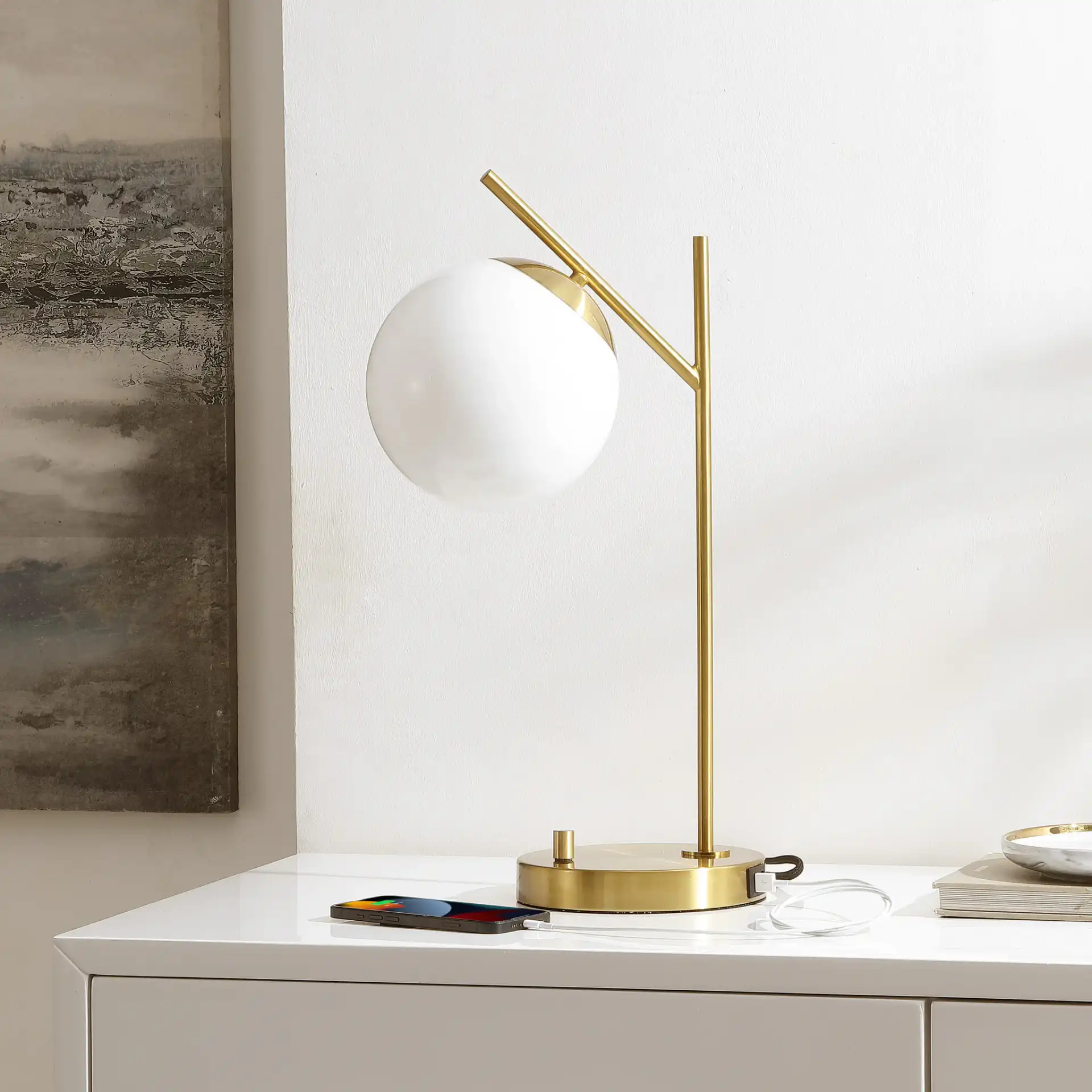 Suna Table Lamp With Usb in Brass in a styled room