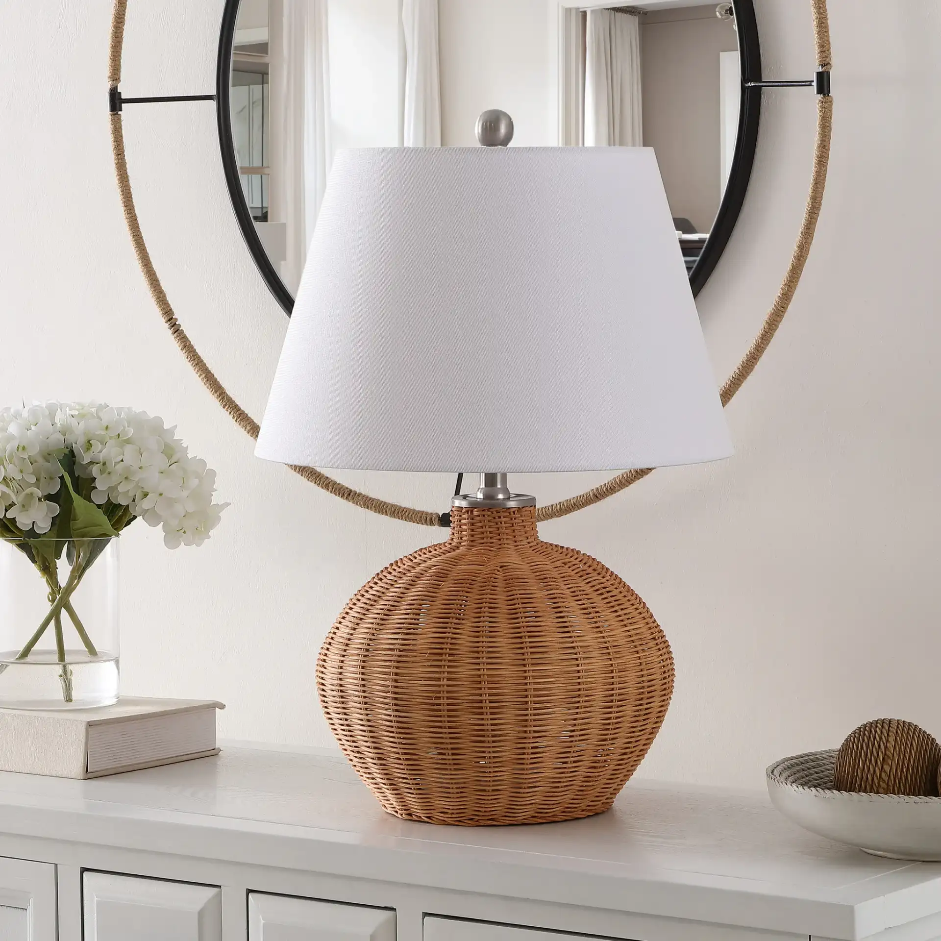 Juana Rattan Table Lamp in Natural in a styled room